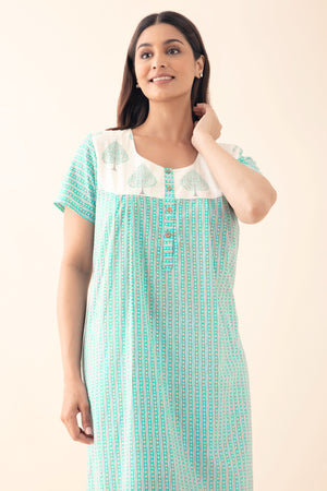 Striped Nighty with Block Printed Yoke - Teal Blue
