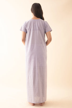 Striped Nighty with Block Printed Yoke - Purple