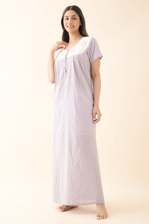 Striped Nighty with Block Printed Yoke - Purple