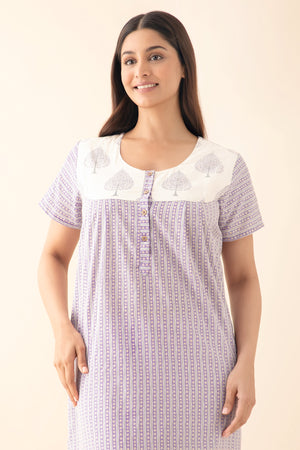 Striped Nighty with Block Printed Yoke - Purple