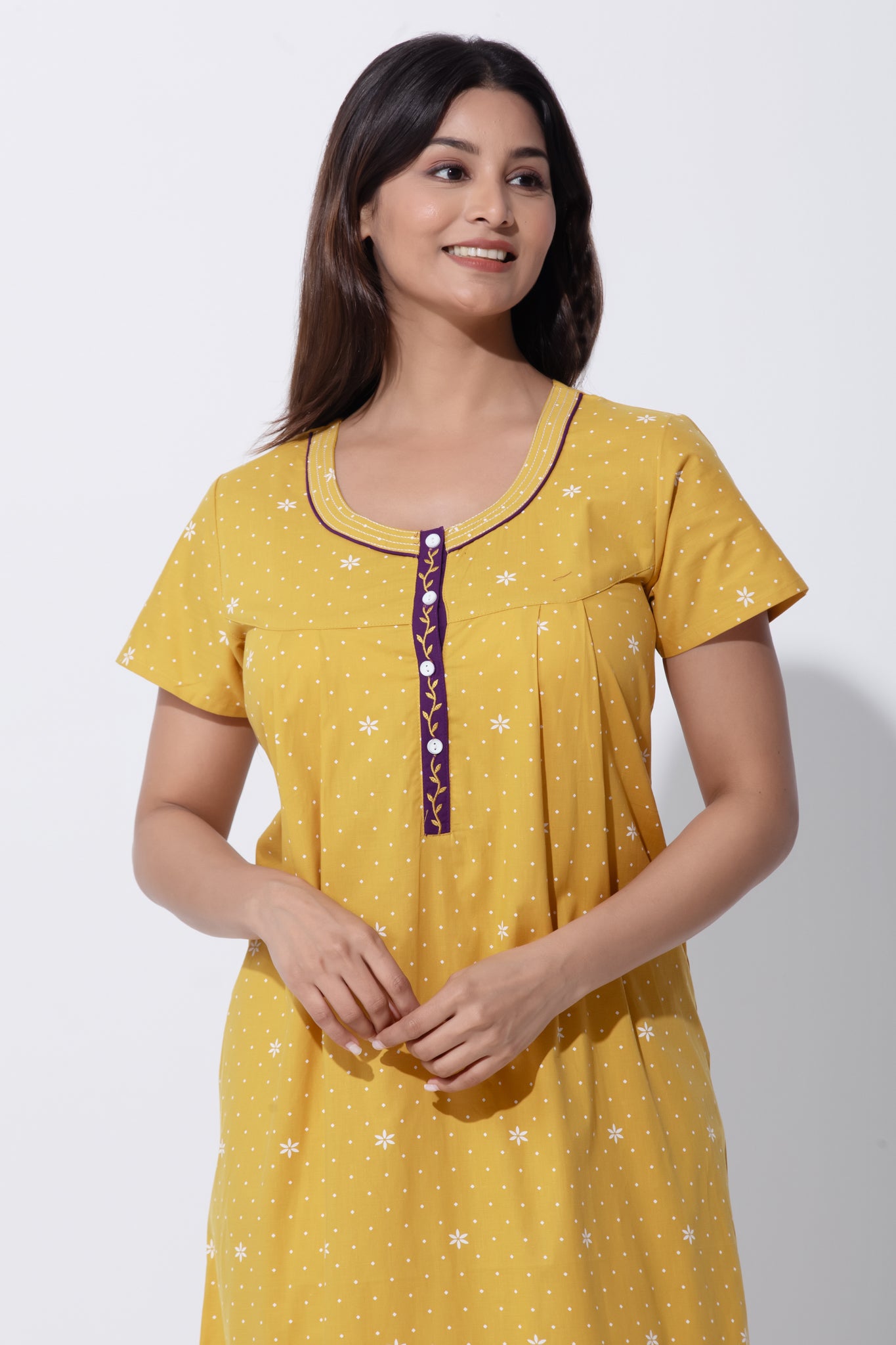 Mustard Printed Cotton Nightwear with Embroidered Yoke