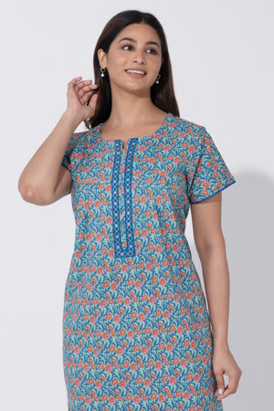 Blue Floral Printed Nighty with Embroidered Yoke & Zipper