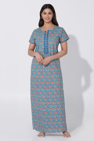 Blue Floral Printed Nighty with Embroidered Yoke & Zipper