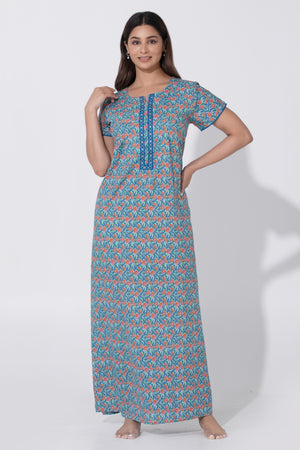Blue Floral Printed Nighty with Embroidered Yoke & Zipper