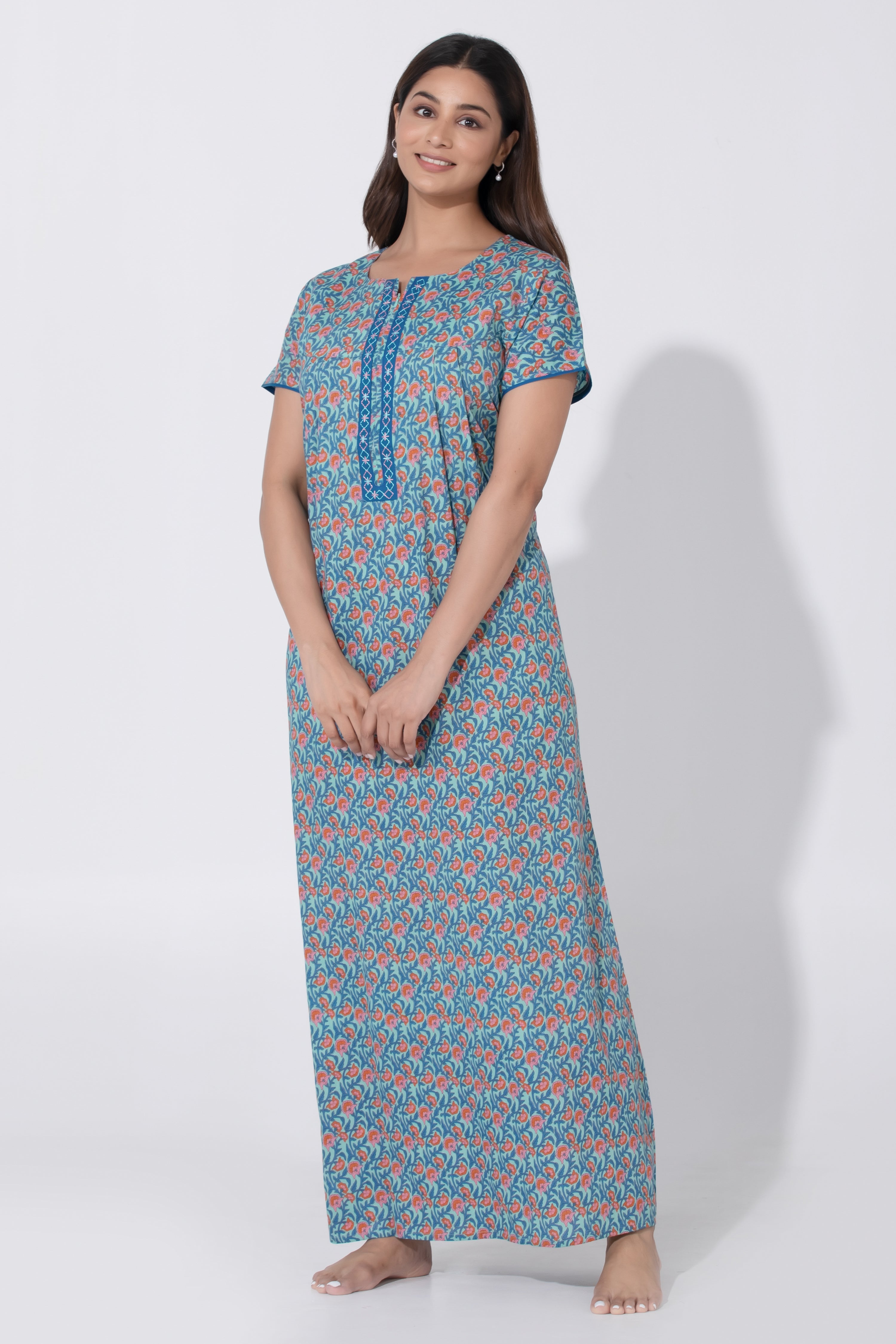 Blue Floral Printed Nighty with Embroidered Yoke Zipper