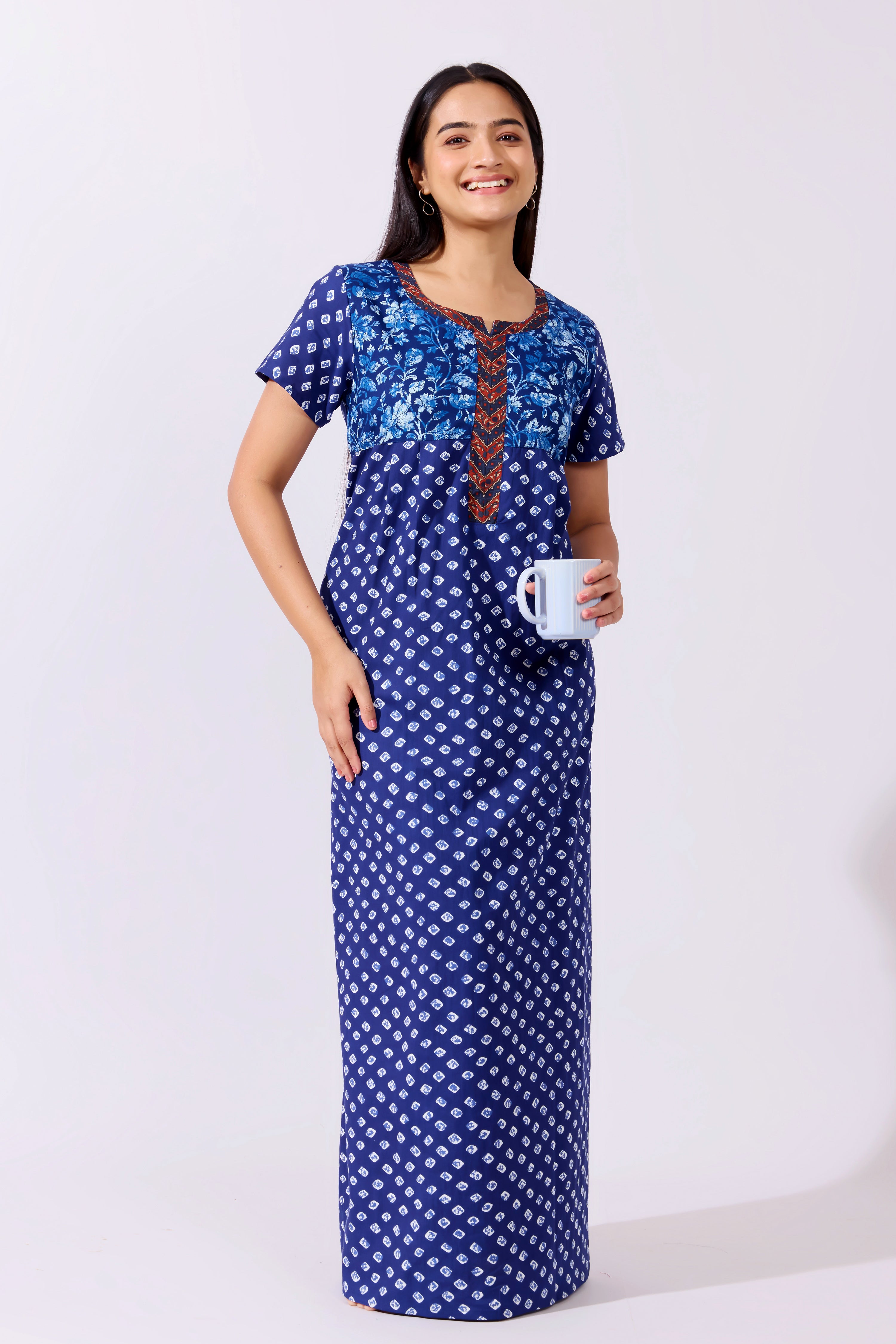 Batik Blue Pinted Cotton Nighty with Ajrakh Printed Neckline