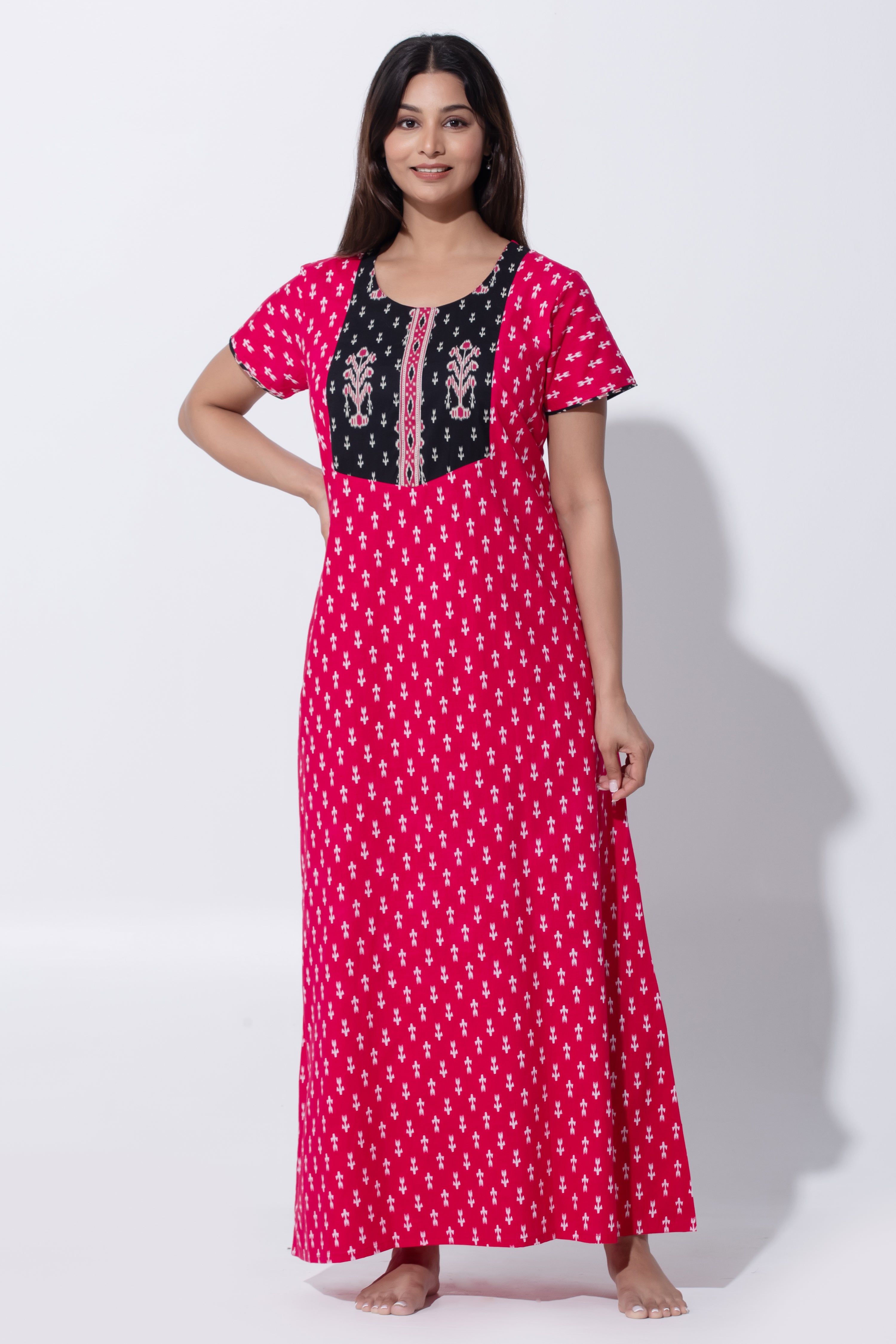 Deep Pink Ikkat Printed Pure Cotton Nightwear with Round Neck