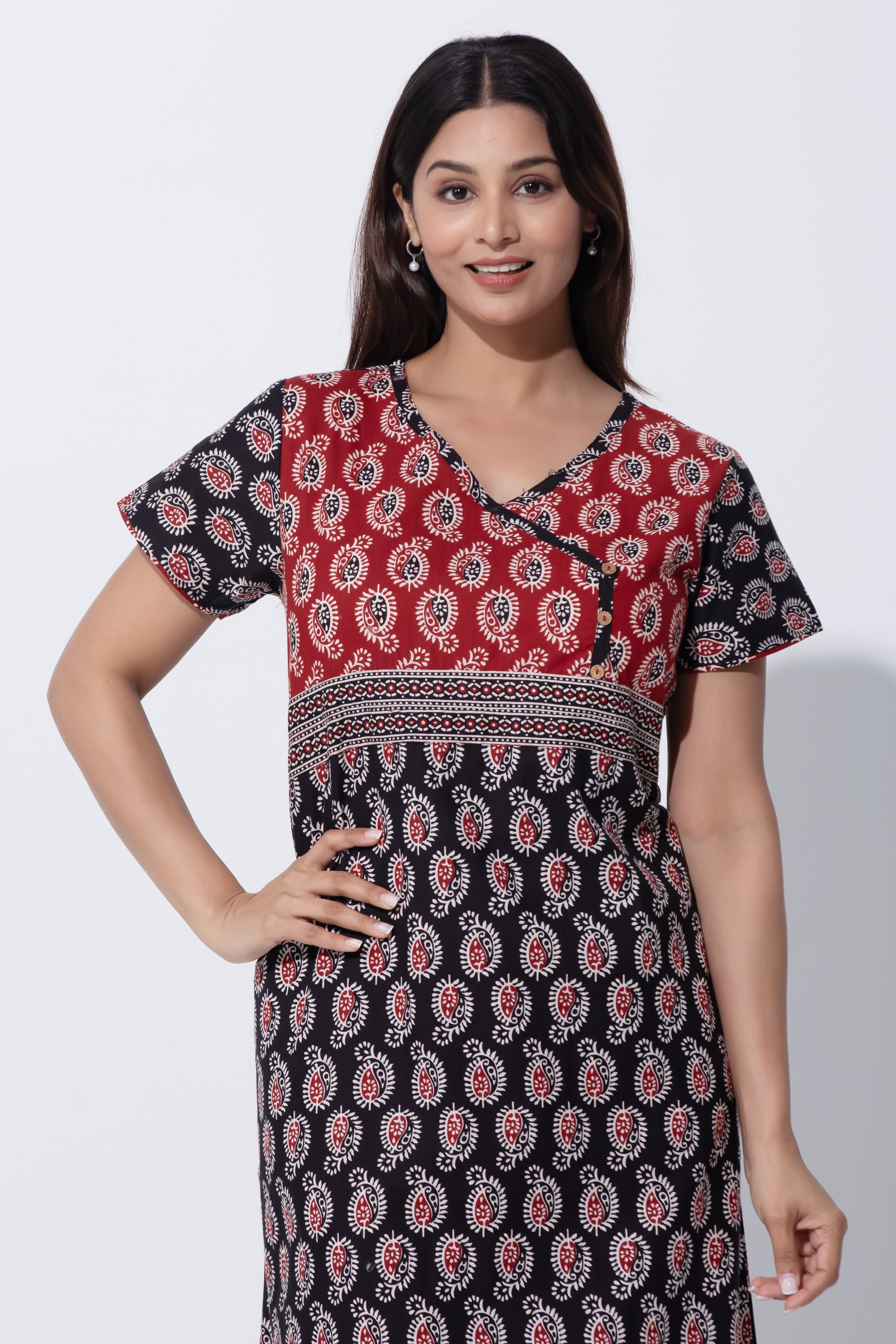 Black Ajrakh Print Cotton Nightwear with V-Neck
