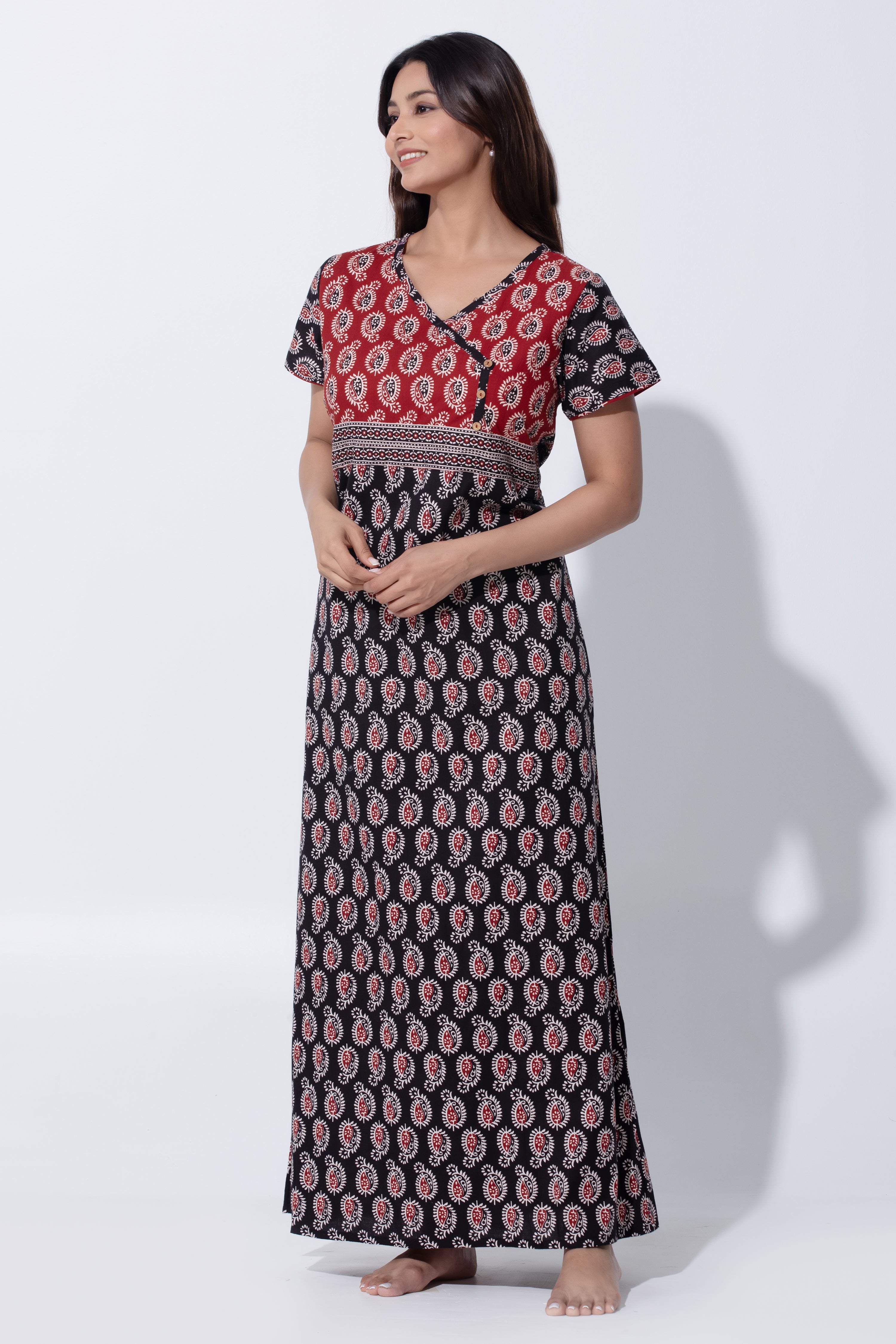 Black Ajrakh Print Cotton Nightwear with V-Neck