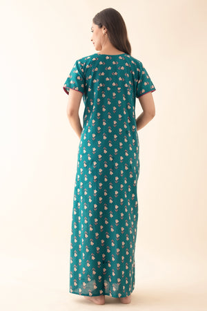 Tulip Floral Printed & Embroidered Nighty - Green