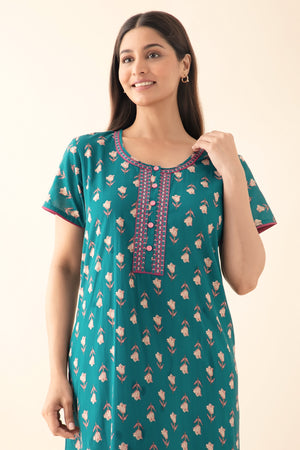 Tulip Floral Printed & Embroidered Nighty - Green