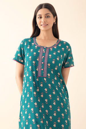 Tulip Floral Printed & Embroidered Nighty - Green
