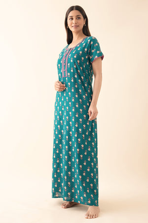 Tulip Floral Printed & Embroidered Nighty - Green