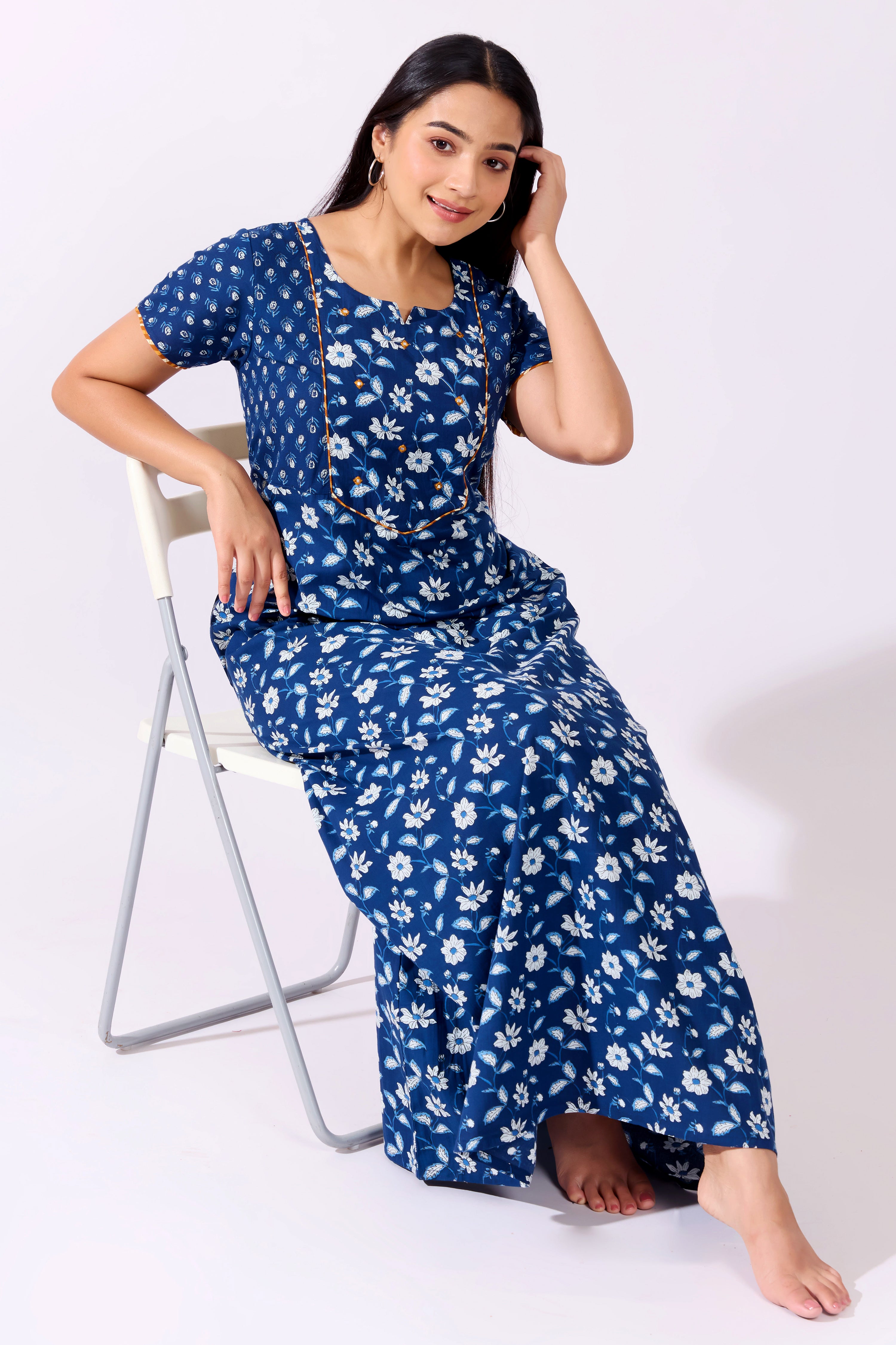 Floral Indigo Printed Blue Cotton with Foil Mirror Embellished Yoke with Mustard Cord Piping