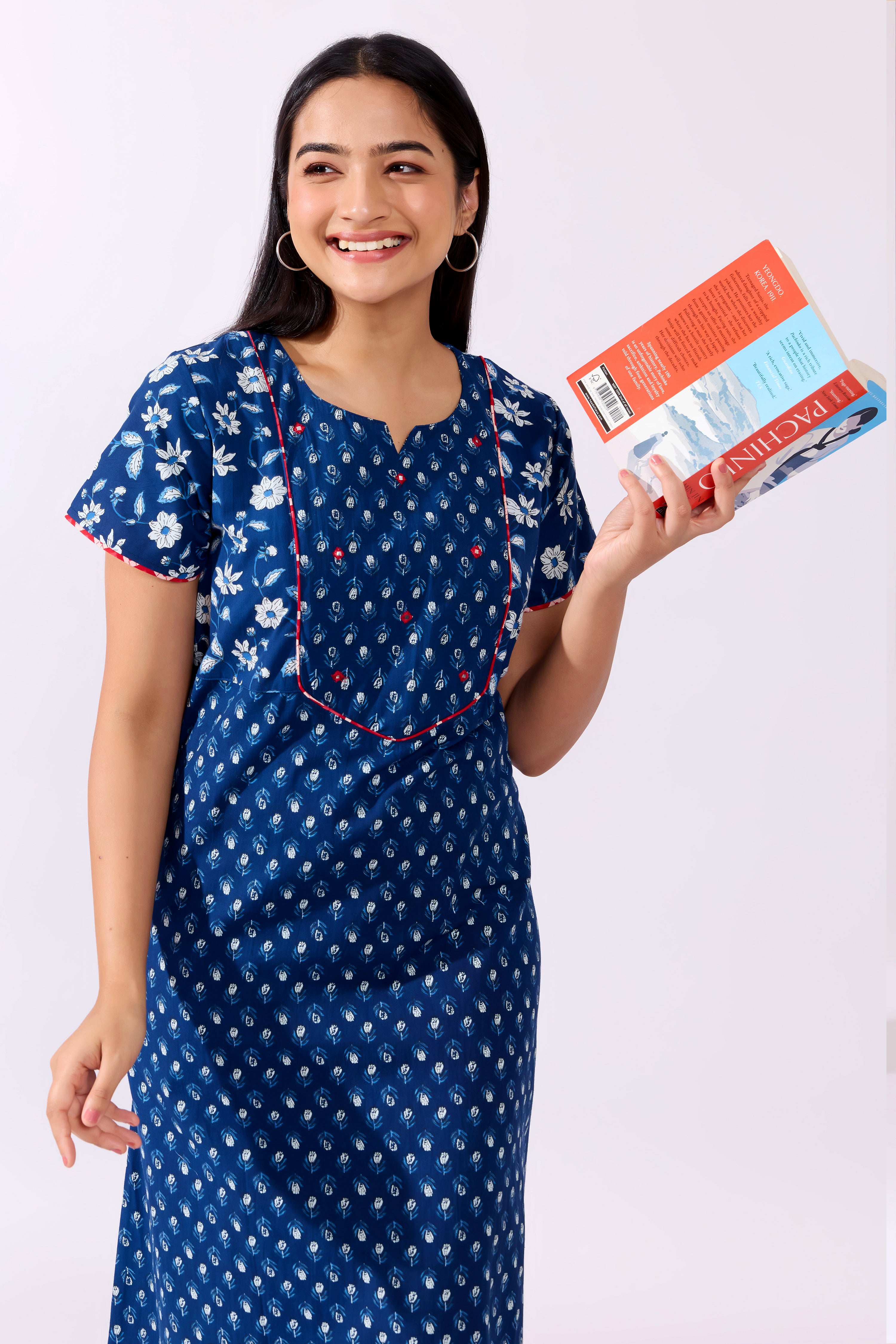 Floral Indigo Printed Blue Cotton with Foil Mirror Embellished Yoke with Cord Piping