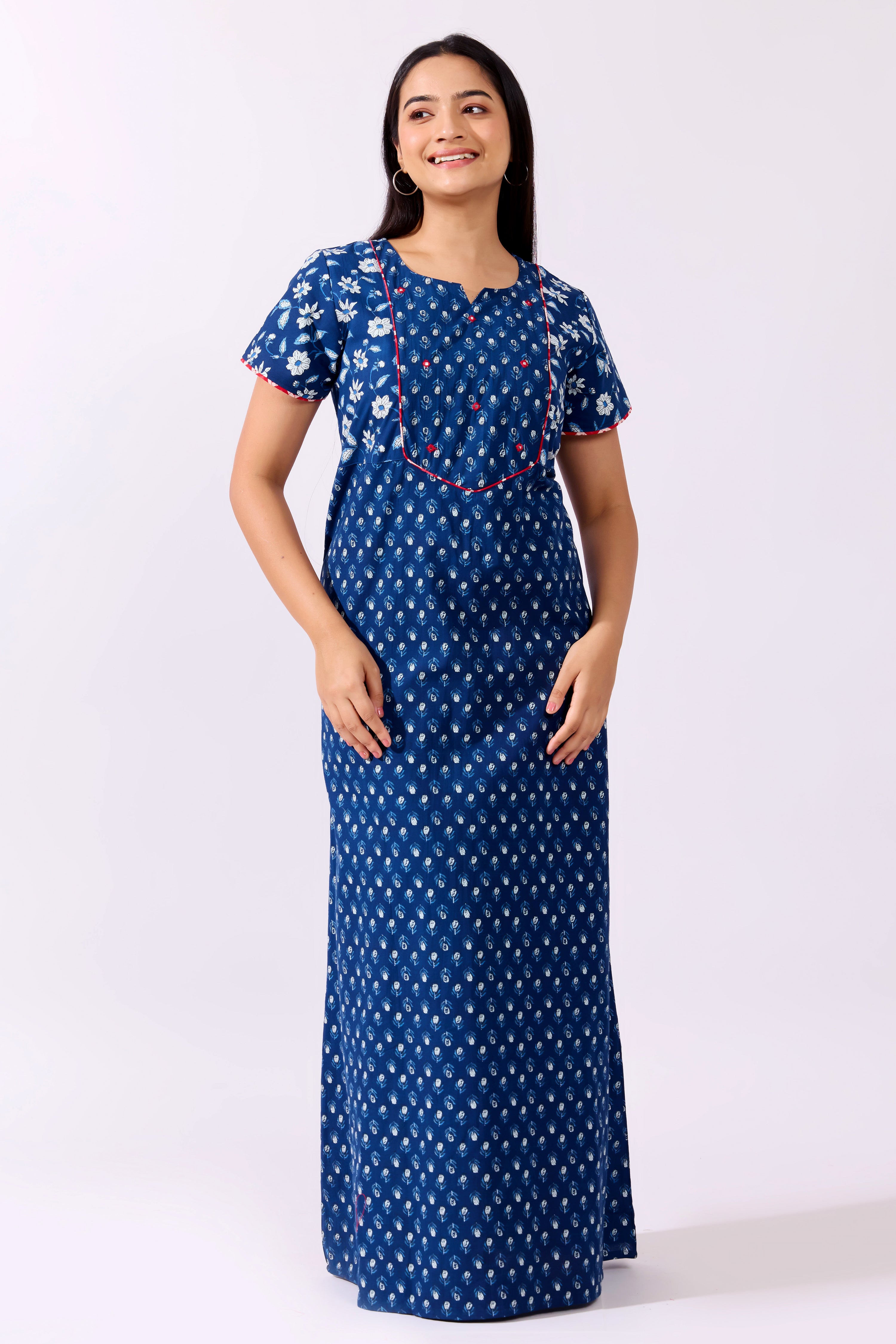 Floral Indigo Printed Blue Cotton with Foil Mirror Embellished Yoke with Cord Piping