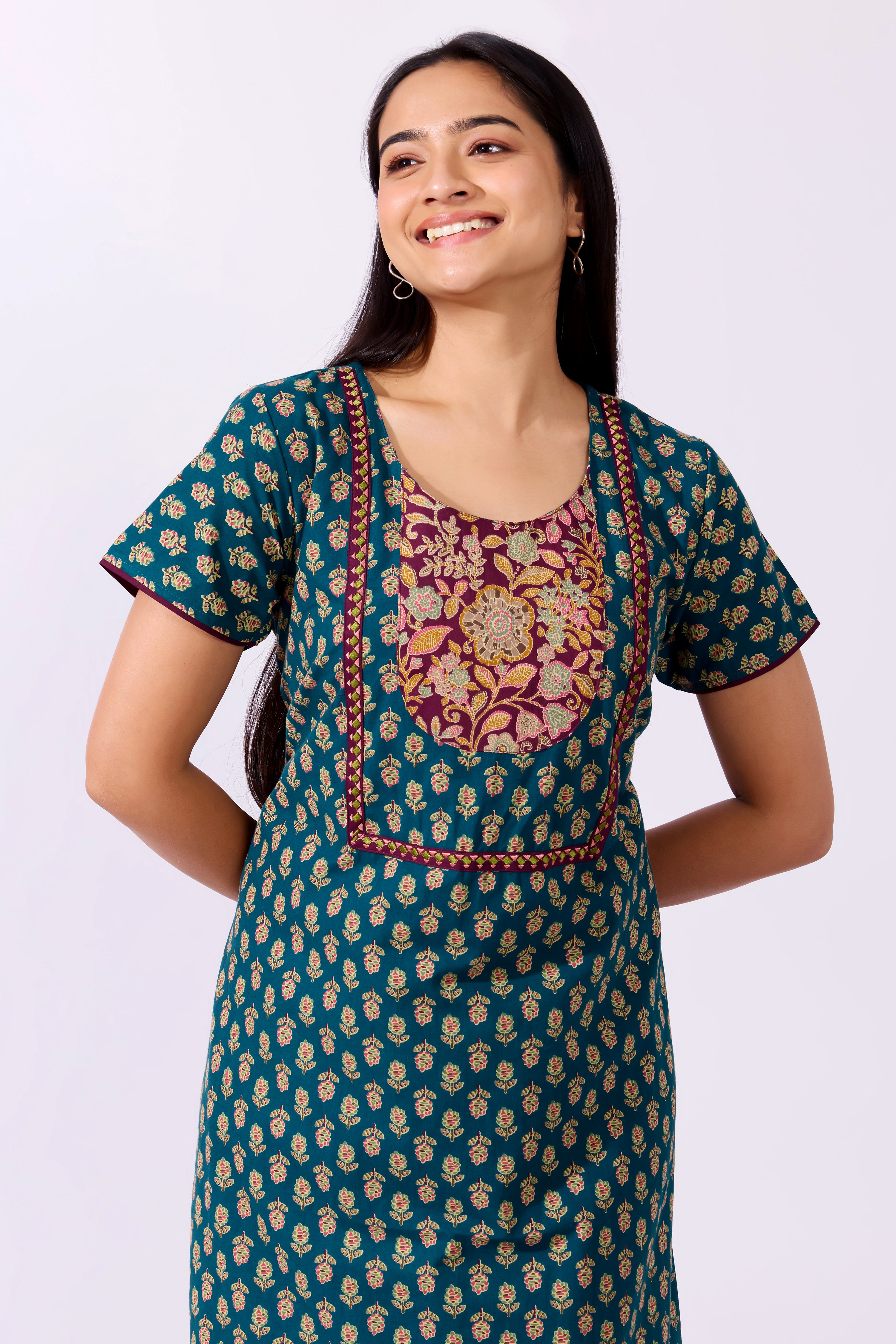 Floral Printd Green Cotton Nighty ith Contrast Yoke Patchwork