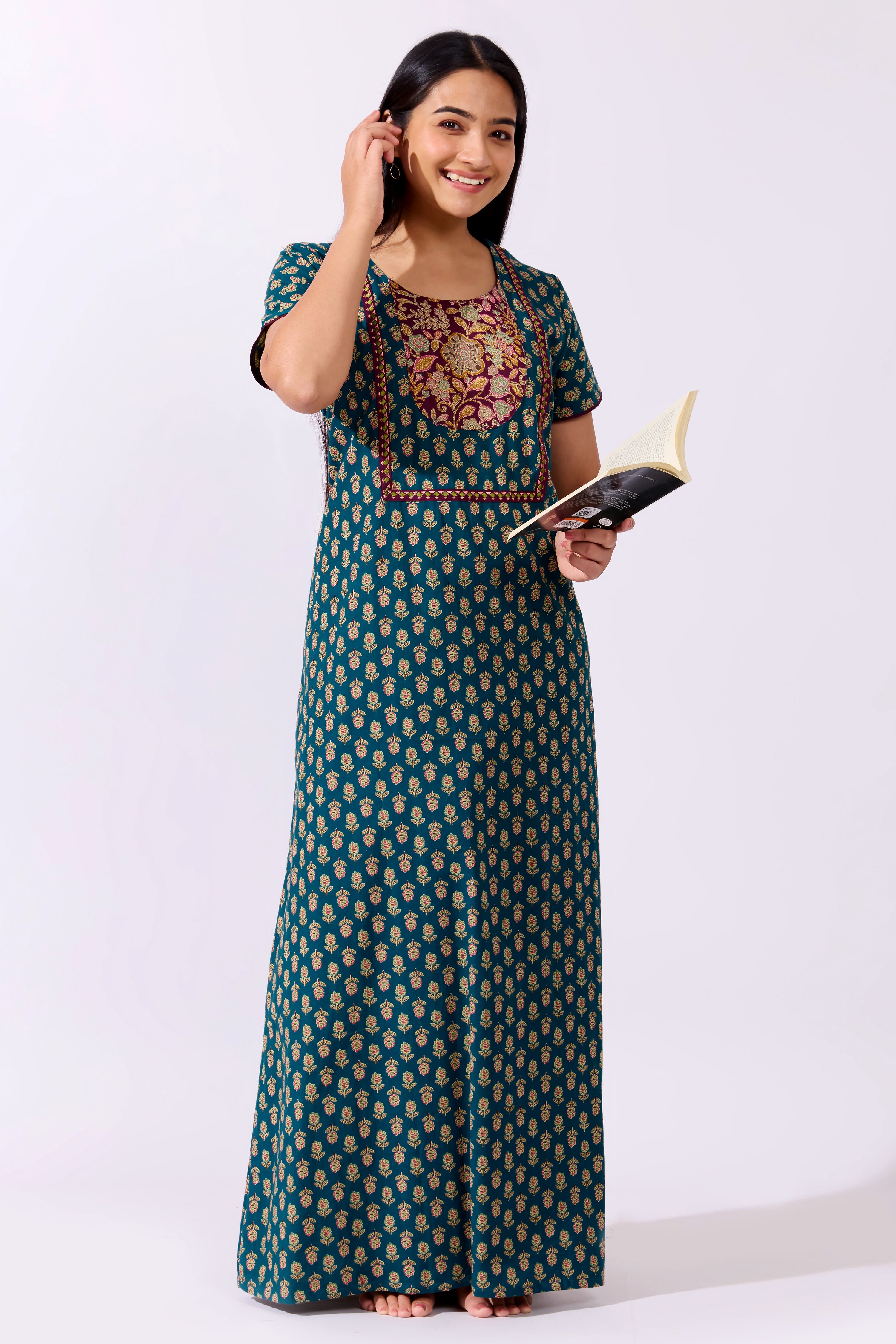 Floral Printd Green Cotton Nighty ith Contrast Yoke Patchwork