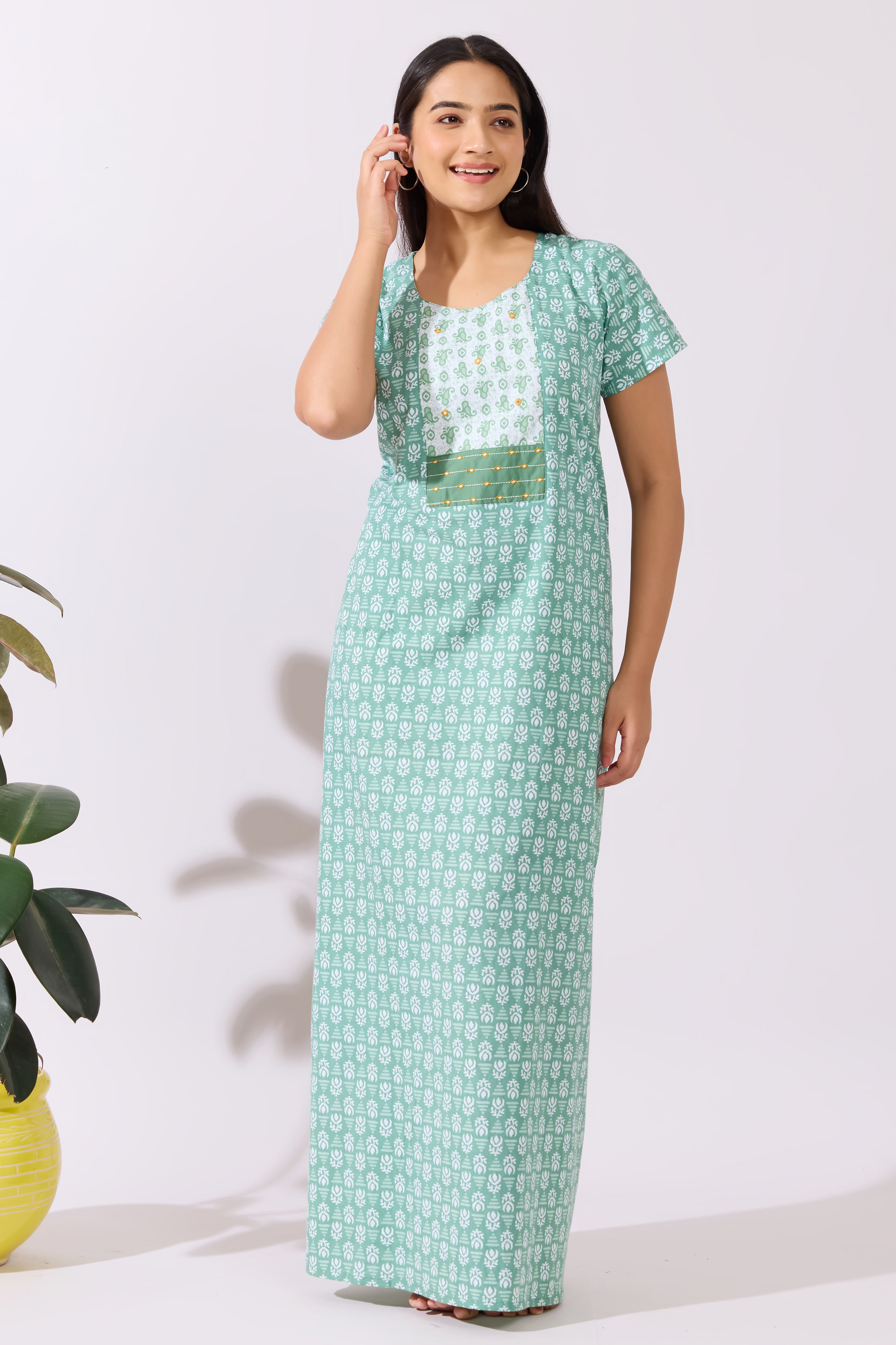 Green Cotton Printed Nigthy with Paisley Printed Yoke Patchwork