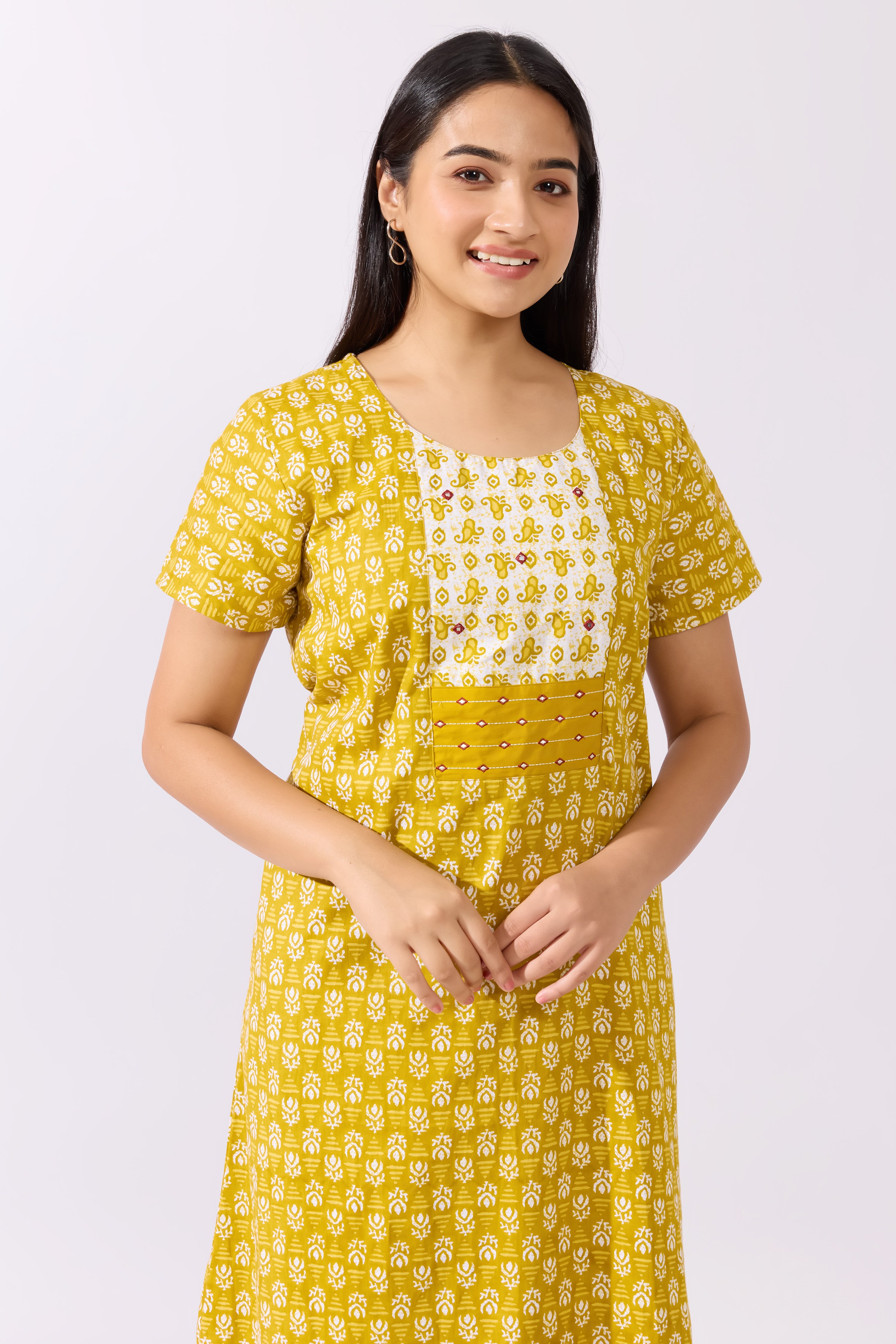Mustard Cotton Printed Nigthy with Paisley Printed Yoke Patchwork