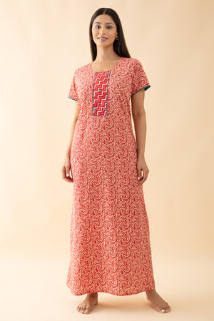 Block Printed Paisley Cotton Nighty - Red