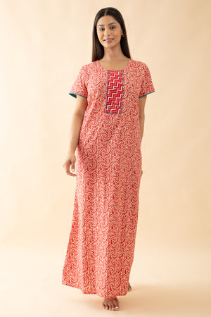 Block Printed Paisley Cotton Nighty - Red