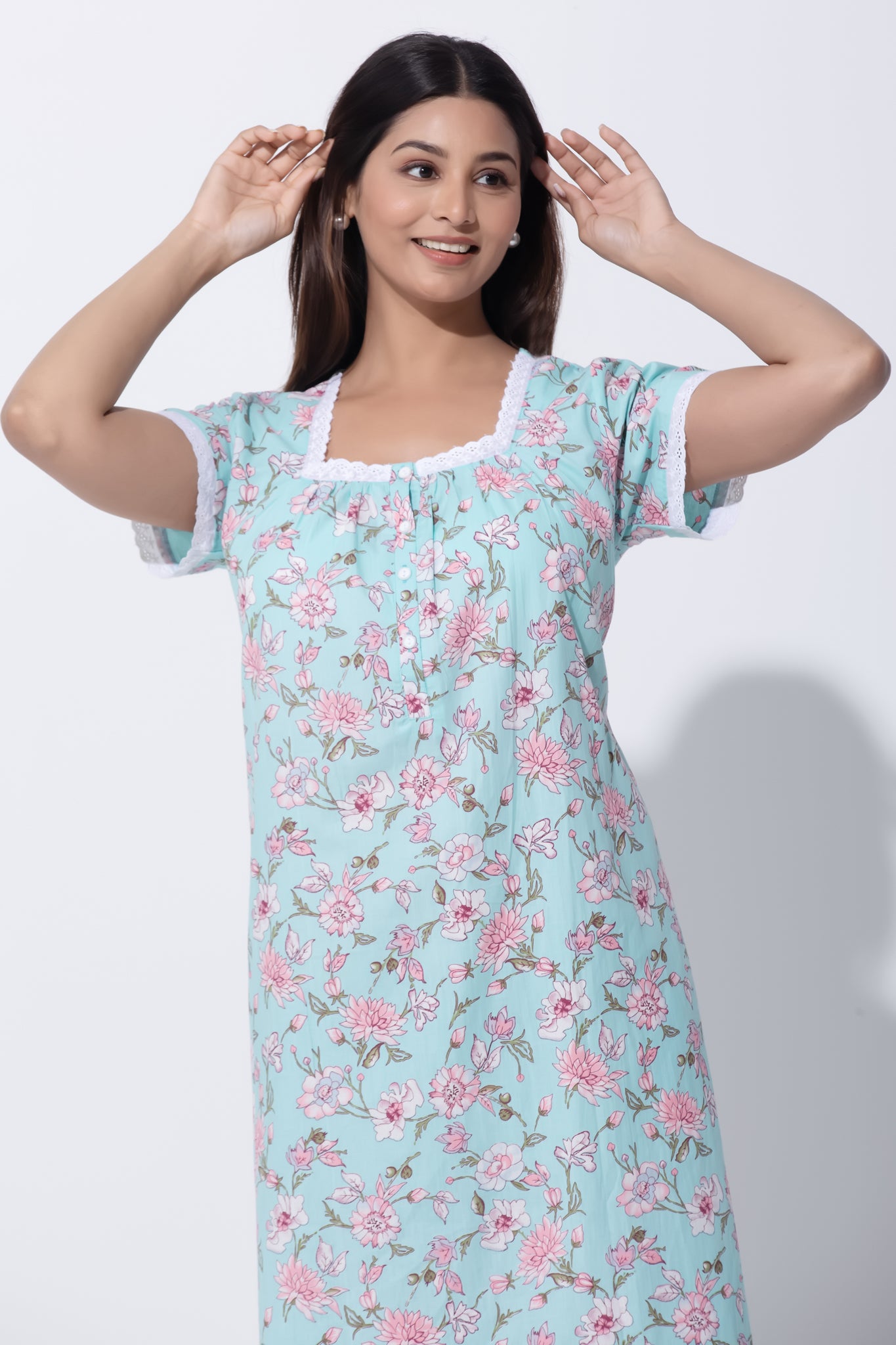 Sky Cotton Nighty with Floral Print & Lace Design