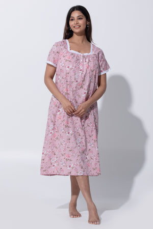 Pink Cotton Nighty with Floral Print & Lace Design