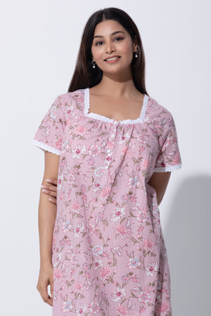 Pink Cotton Nighty with Floral Print & Lace Design