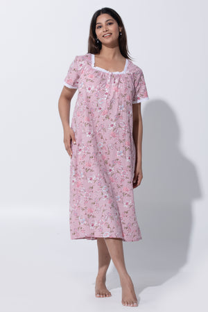Pink Cotton Nighty with Floral Print & Lace Design