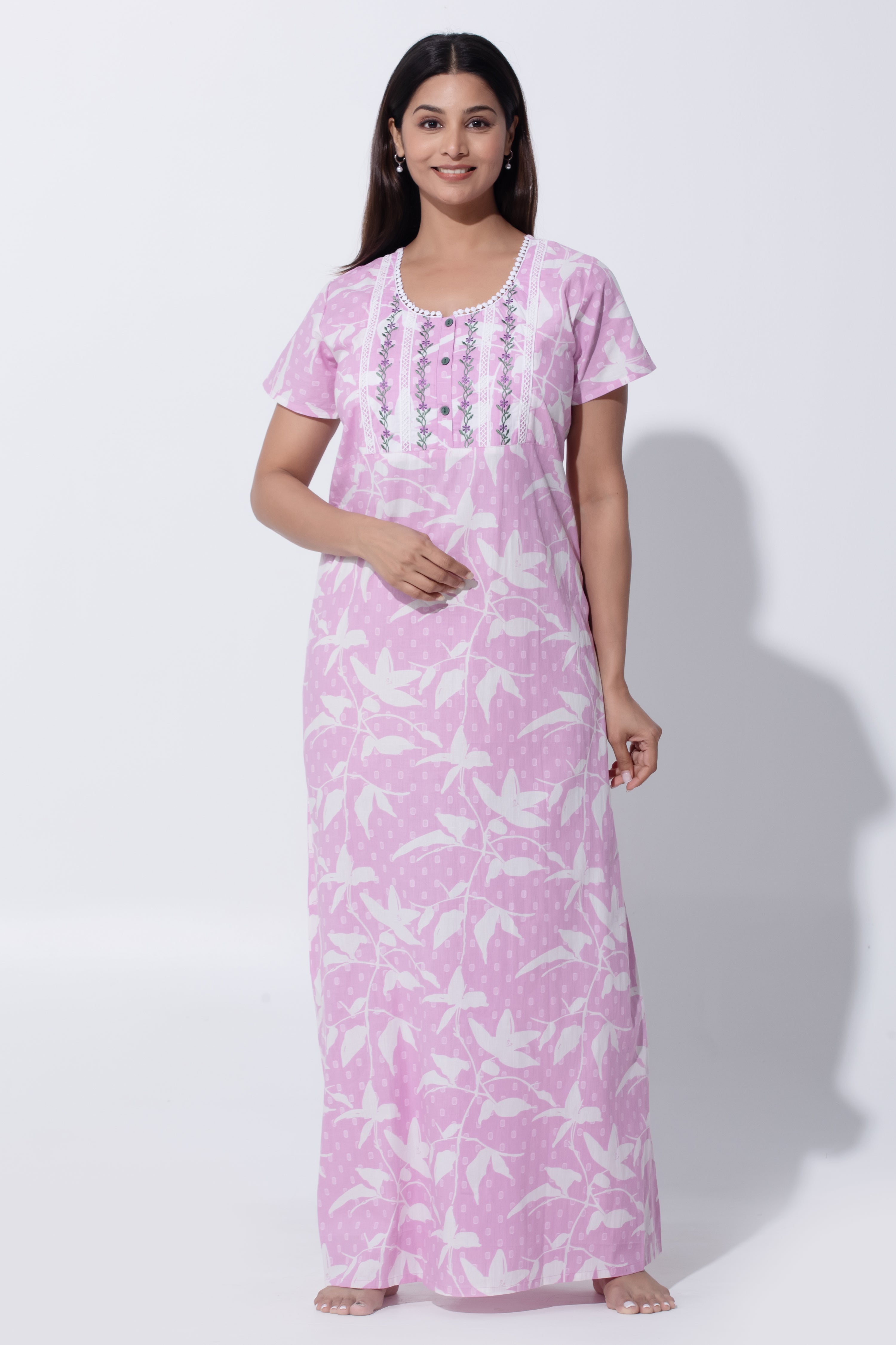Pink Floral Printed Pure Cotton Nightwear with Embroidery & Lace