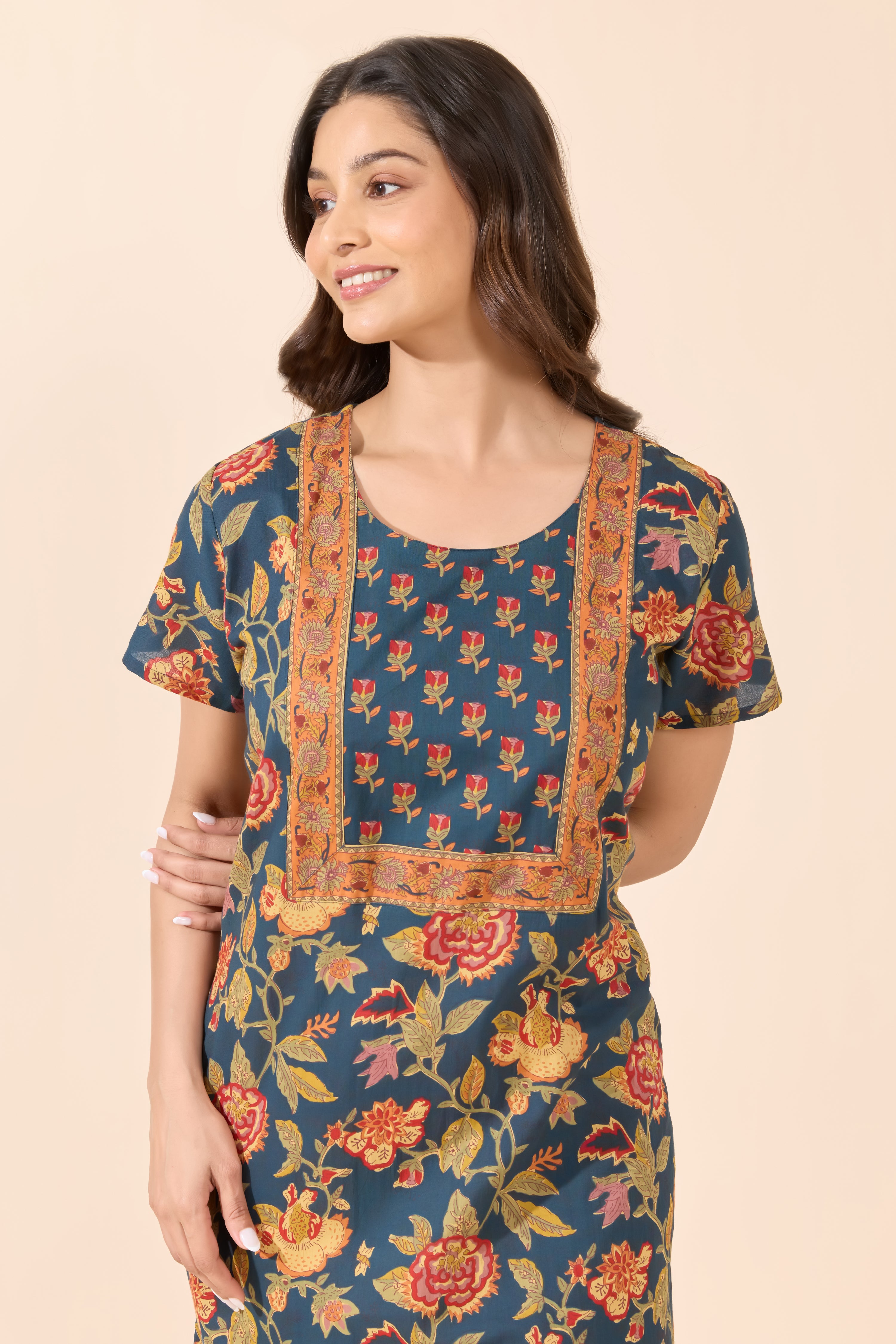 Blue Floral Printed Cotton Nightwear