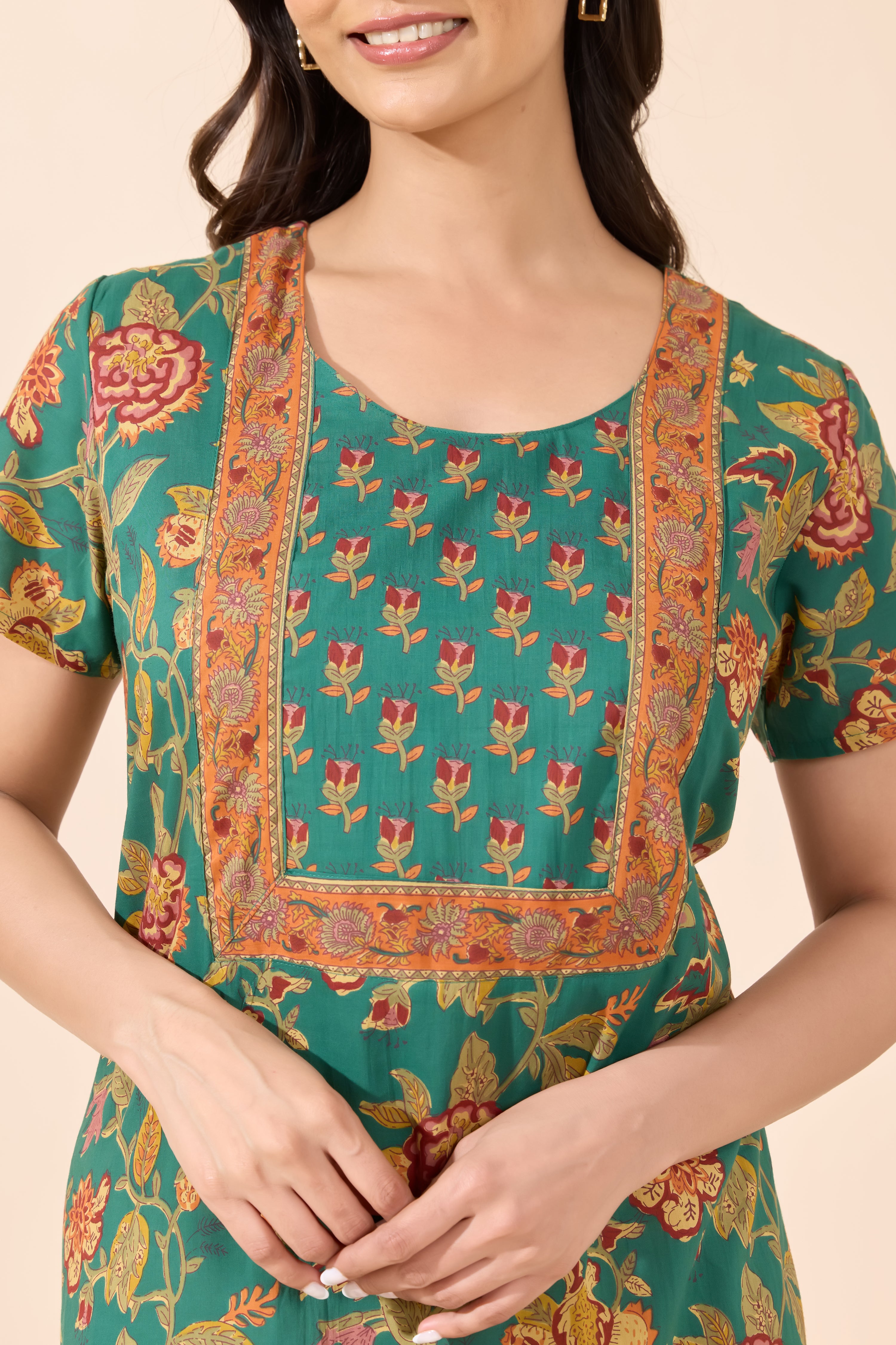 Green Floral Printed Cotton Nightwear