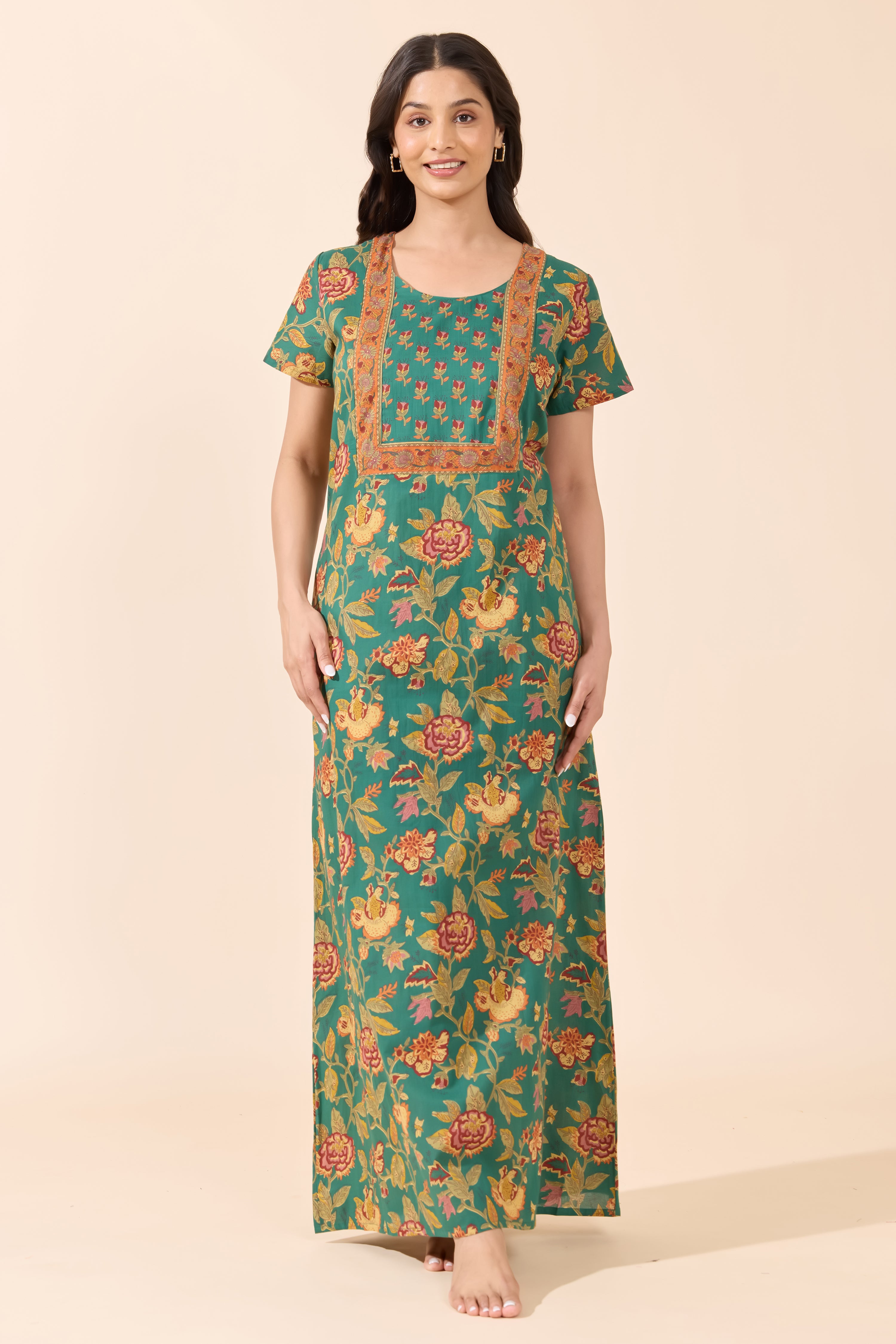 Green Floral Printed Cotton Nightwear