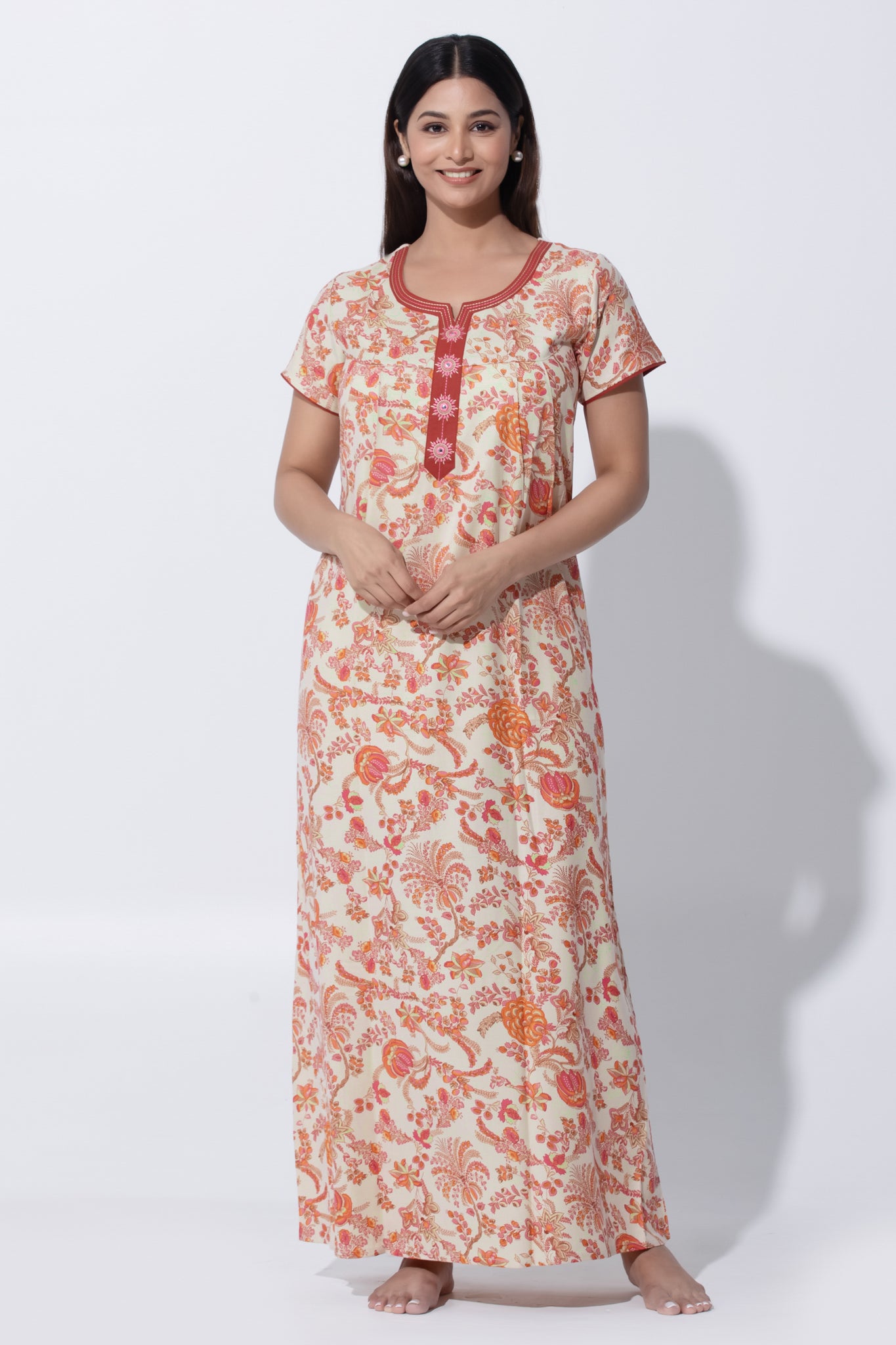 Pink Cotton Nighty with Foil Mirror Work & Embroidered Yoke