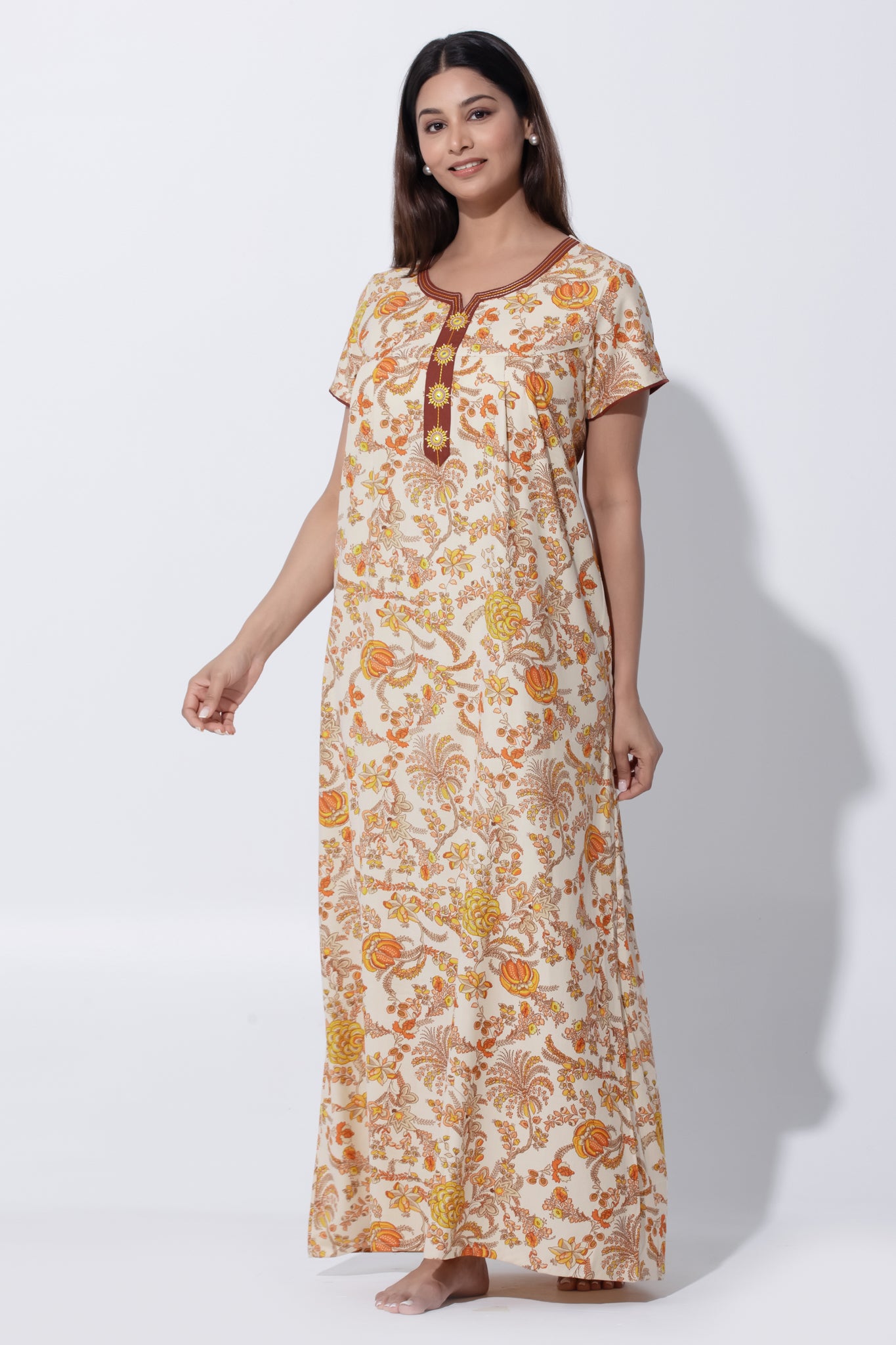 Yellow Cotton Nighty with Foil Mirror Work & Embroidered Yoke