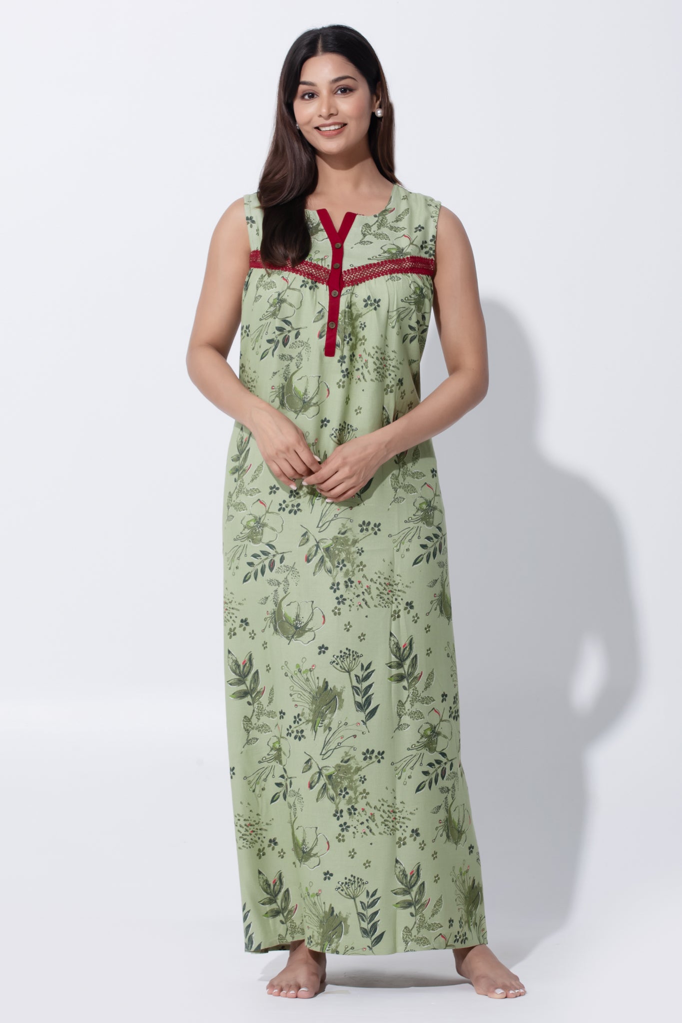 Green Sleeveless Polycotton Nightwear with Lace Yoke & Front Buttons