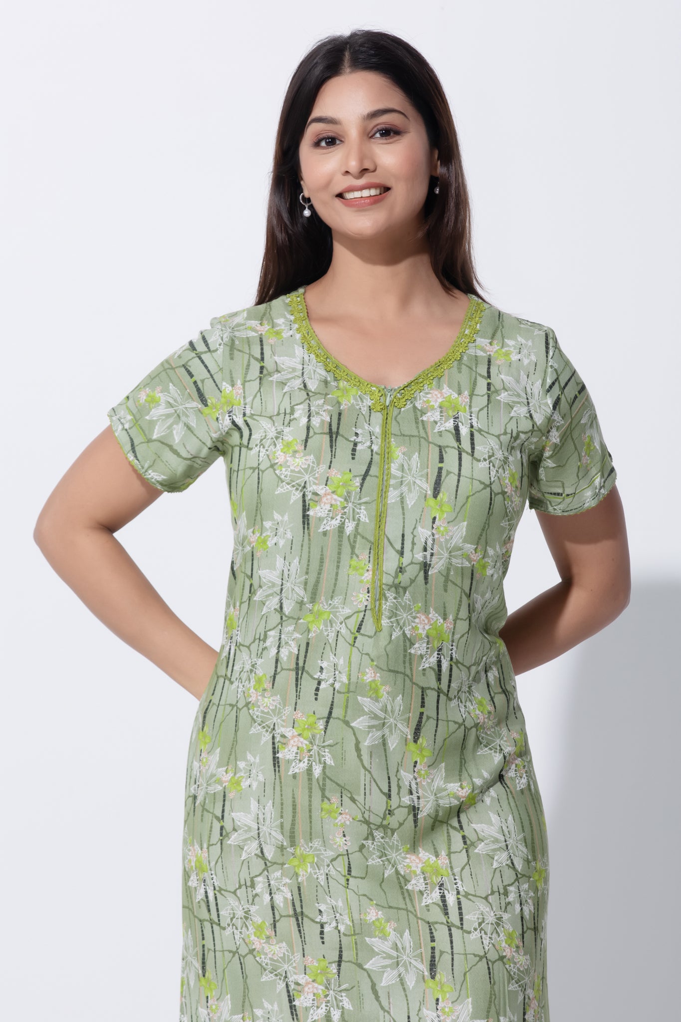 Green Cotton Nighty with Lace Yoke & Front Zipper