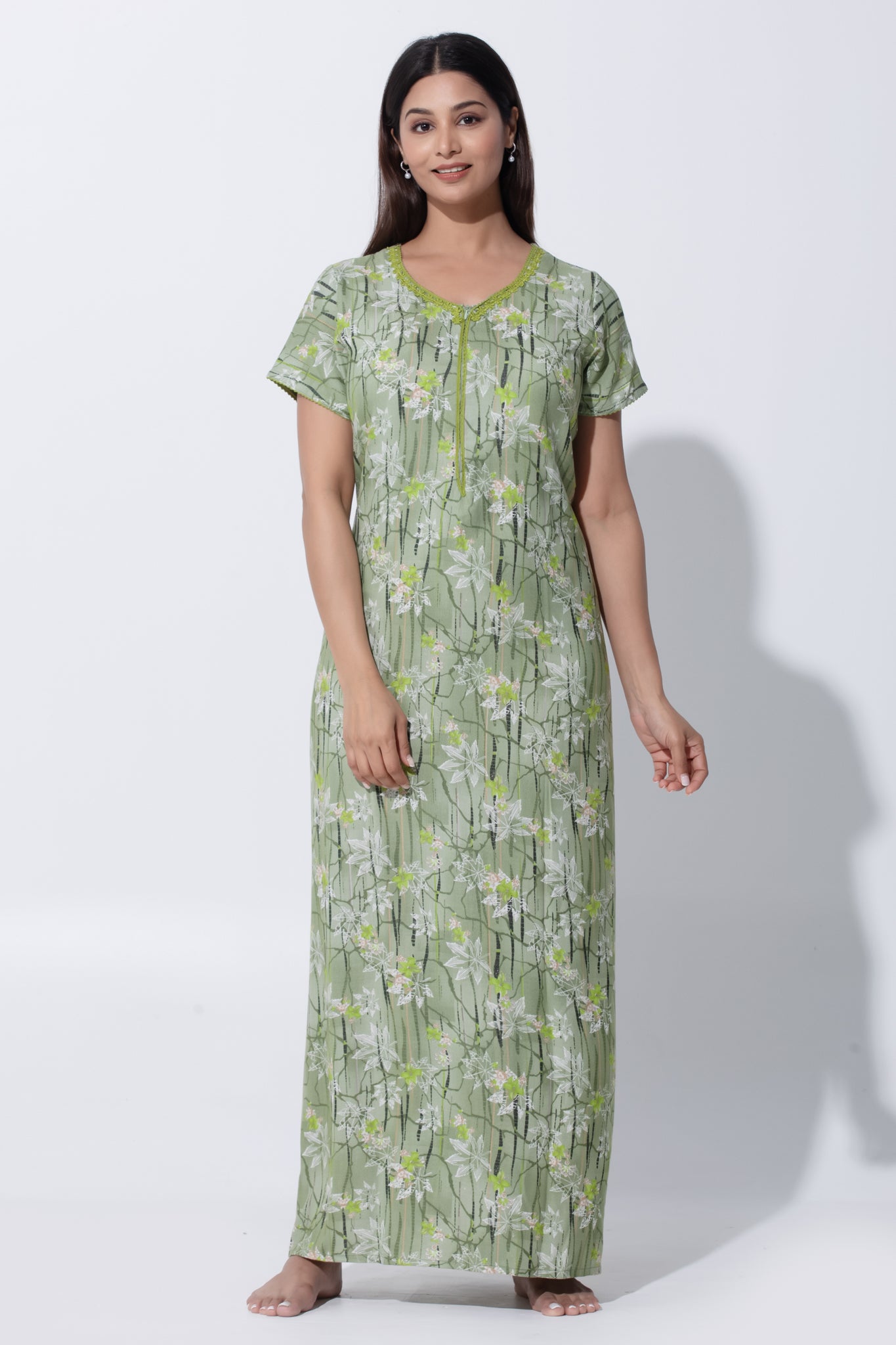 Green Cotton Nighty with Lace Yoke & Front Zipper