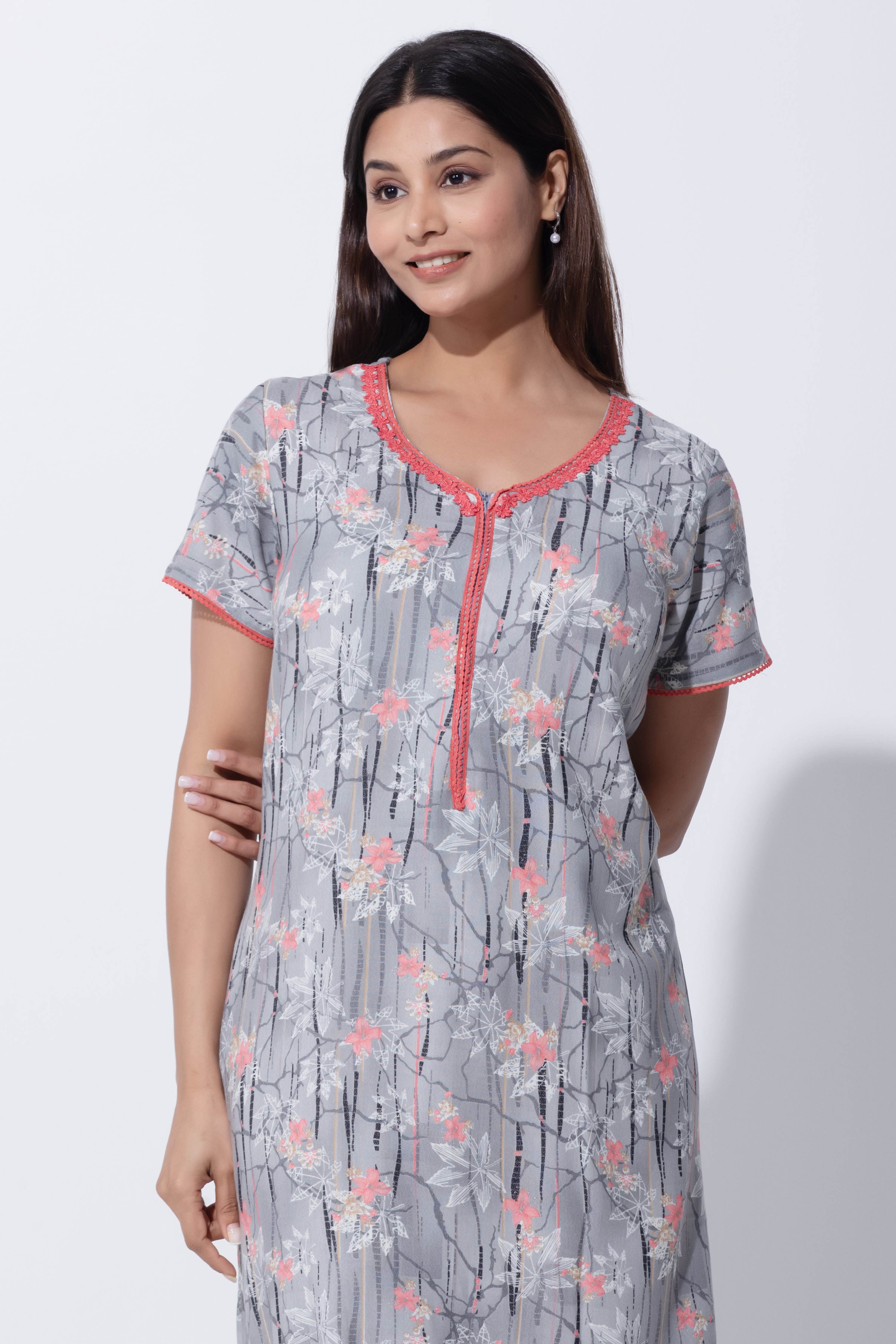 Grey Cotton Nighty with Lace Yoke & Front Zipper