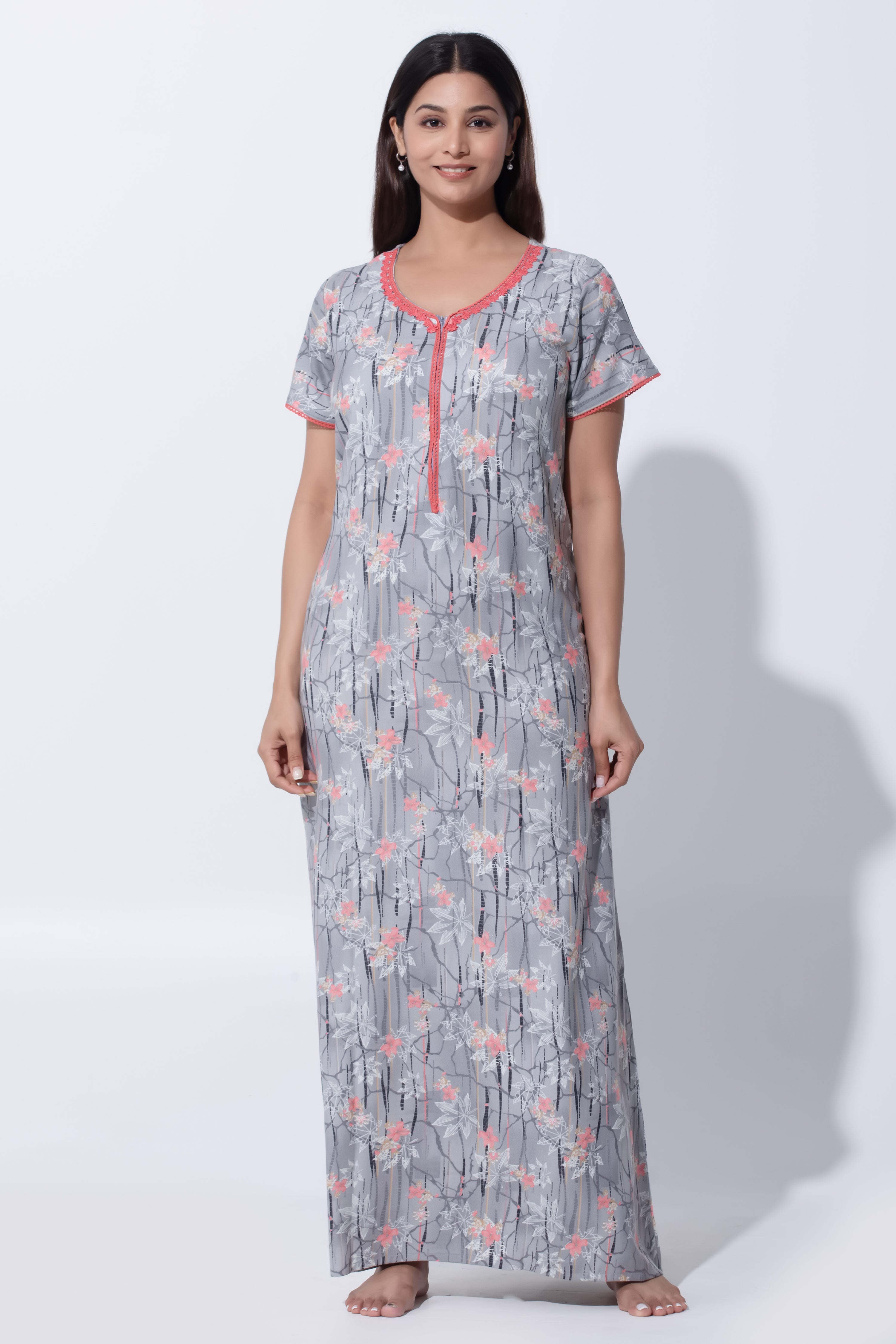 Grey Cotton Nighty with Lace Yoke & Front Zipper