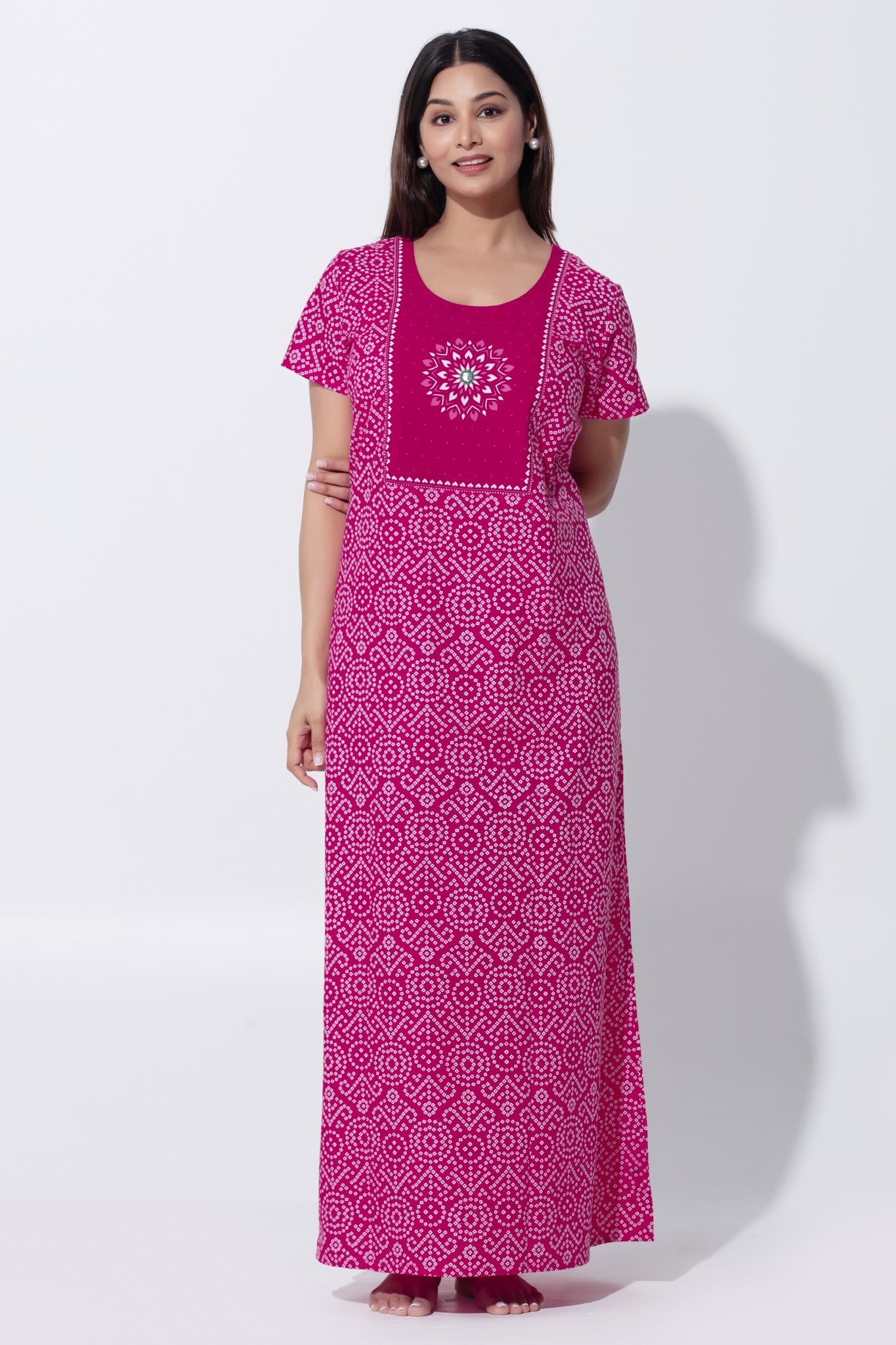 Pink Bandhni Print Cotton Nighty with Little Embroidered Yoke