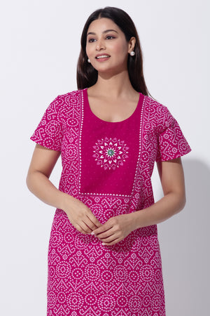 Pink Bandhni Print Cotton Nighty with Little Embroidered Yoke