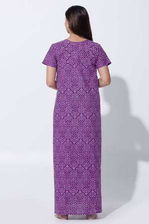 Purple Bandhni Print Cotton Nighty with Little Embroidered Yoke