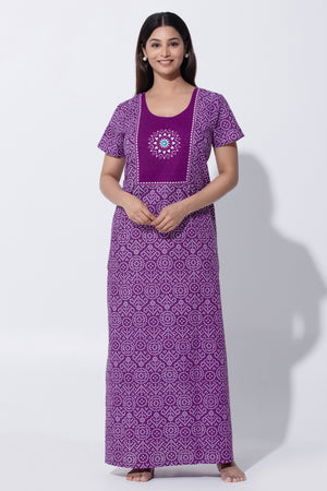 Purple Bandhni Print Cotton Nighty with Little Embroidered Yoke