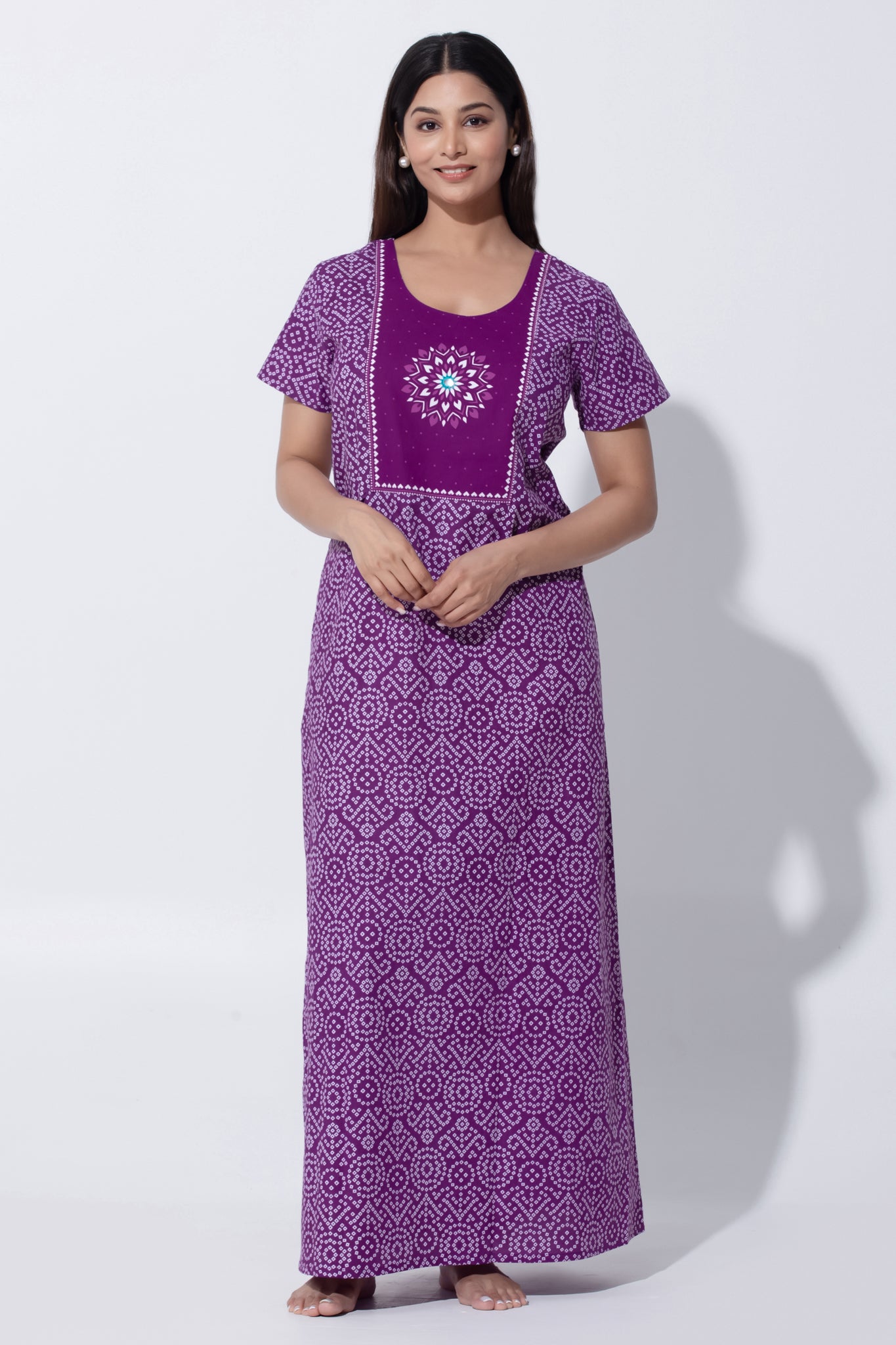 Purple Bandhni Print Cotton Nighty with Little Embroidered Yoke