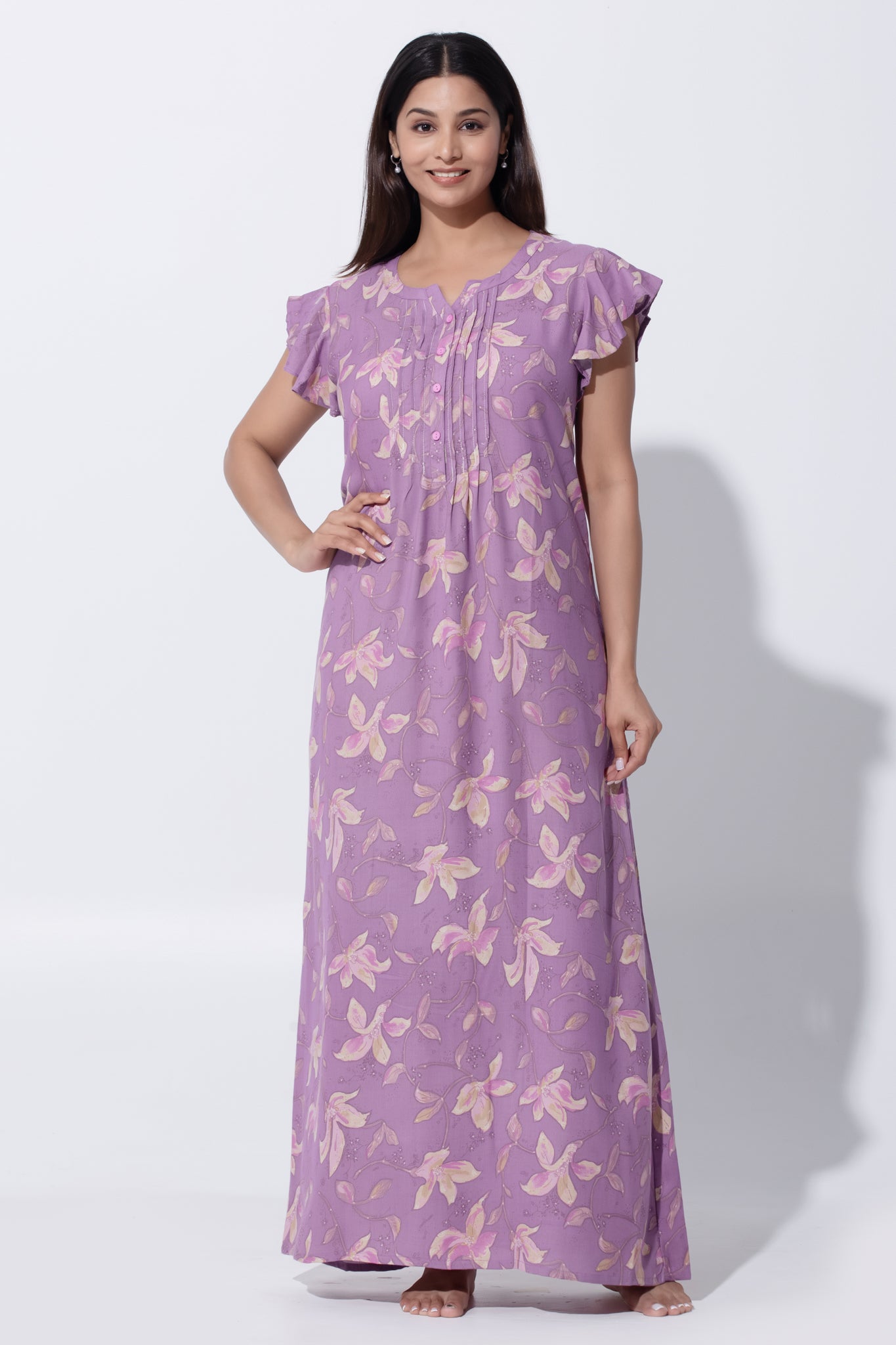 Purple Floral Printed Polycotton Nightwear with Pin Tuck Yoke & Ruffled Sleeve