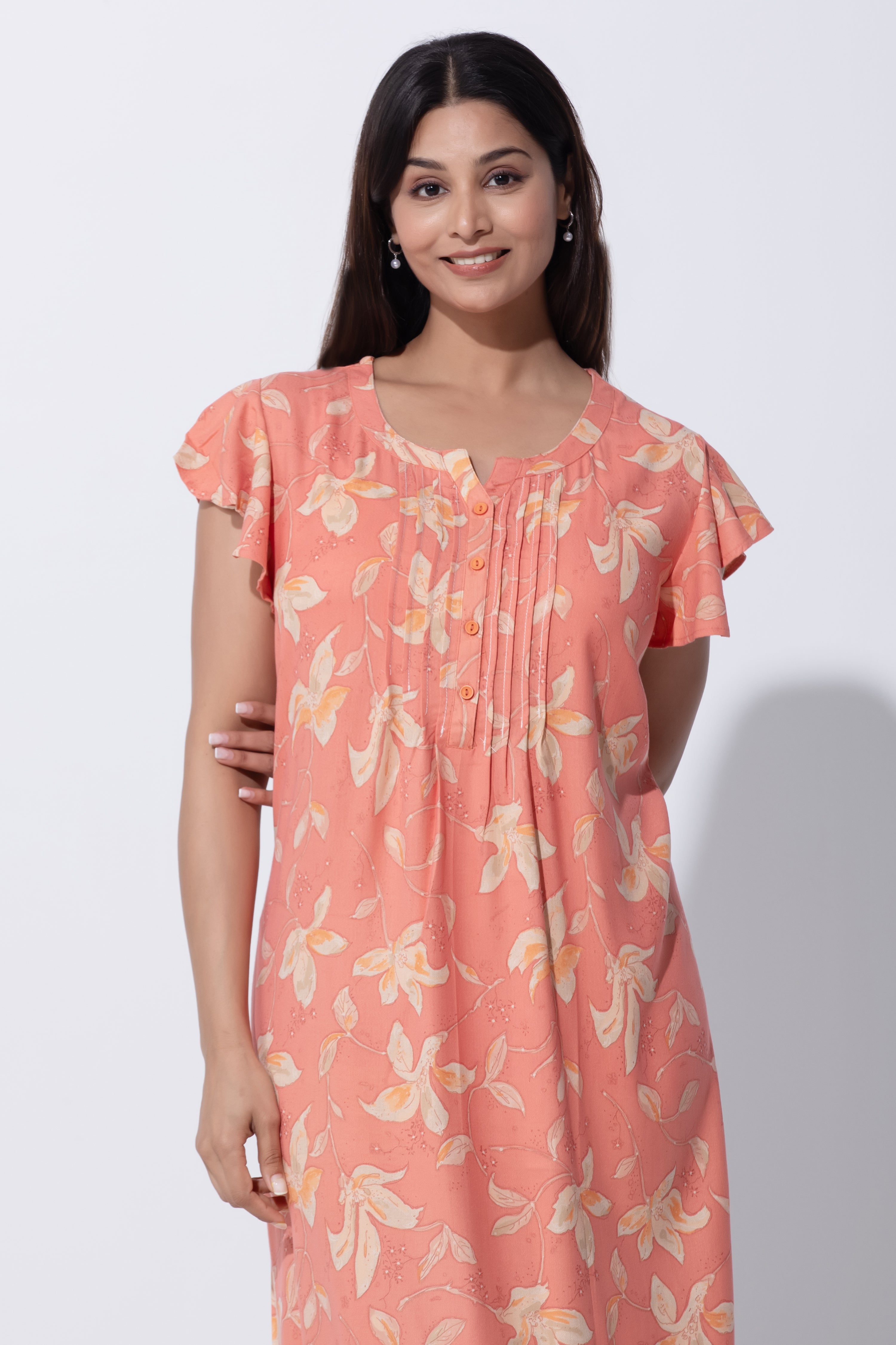 Coral Floral Printed Polycotton Nightwear with Flutter Sleeve