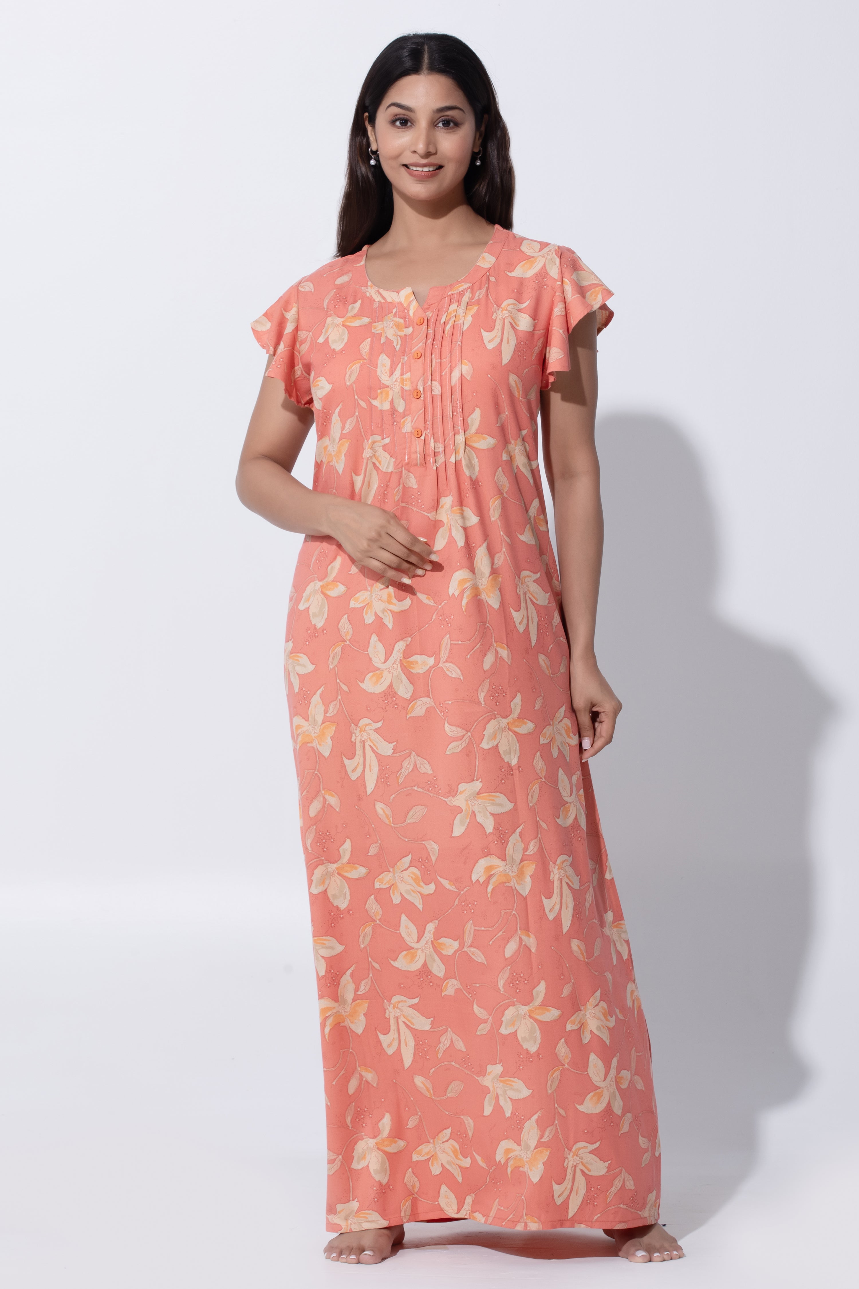 Coral Floral Printed Polycotton Nightwear with Flutter Sleeve