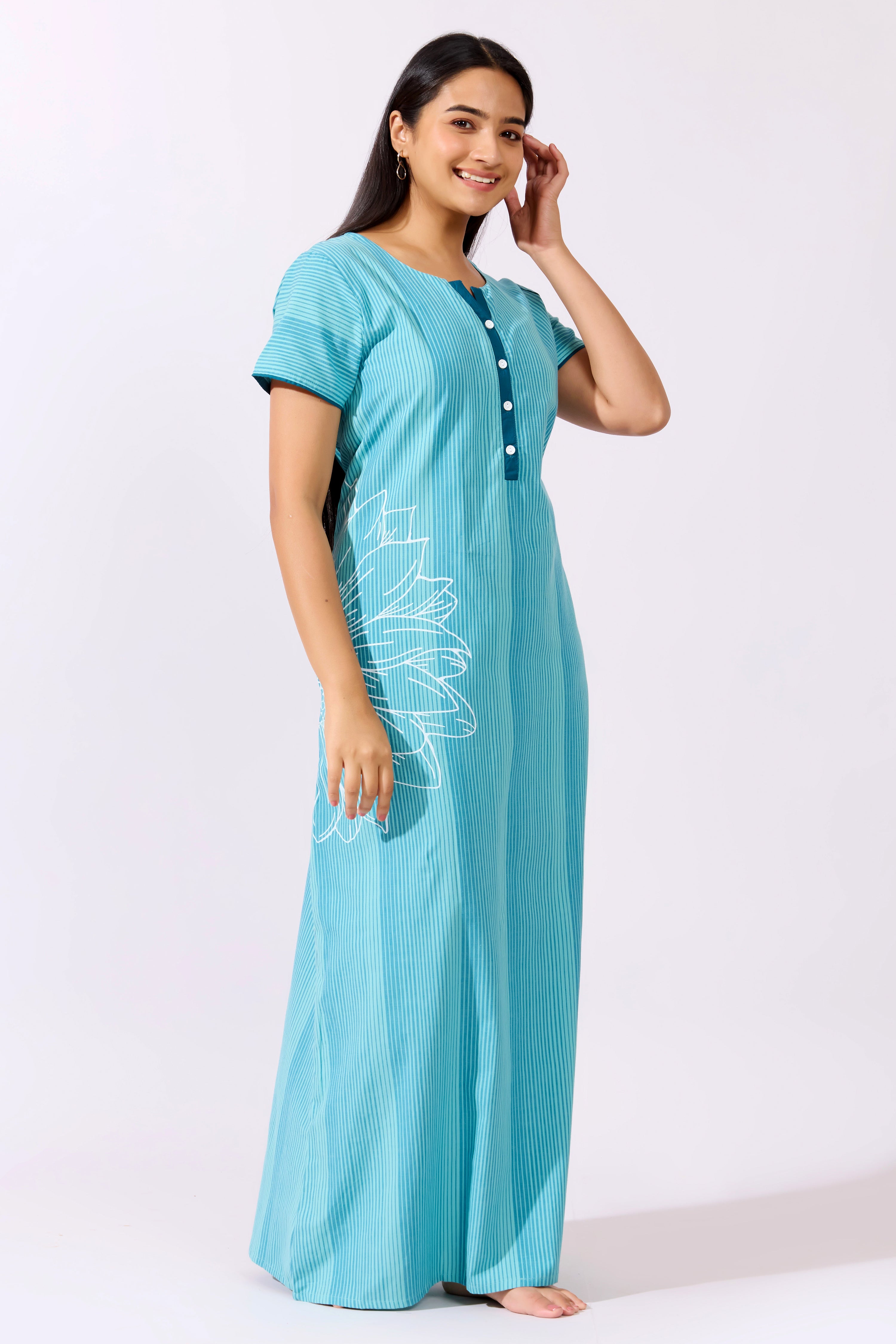 Blue Striped Cotton Nighty with Placement Floral Prints